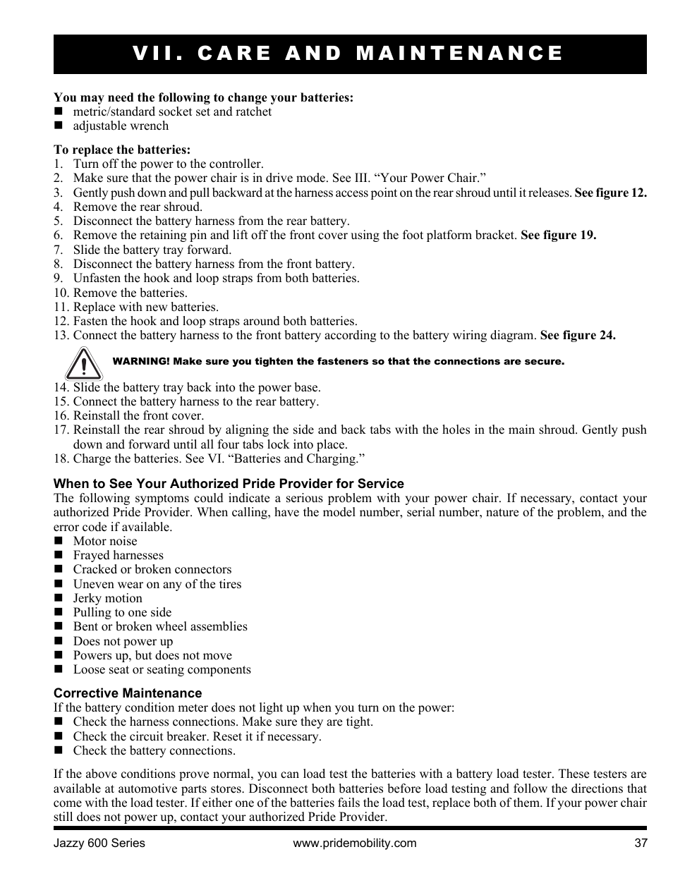 Vii. care and maintenance | Pride Mobility Jazzy 600 3SP User Manual | Page 37 / 44