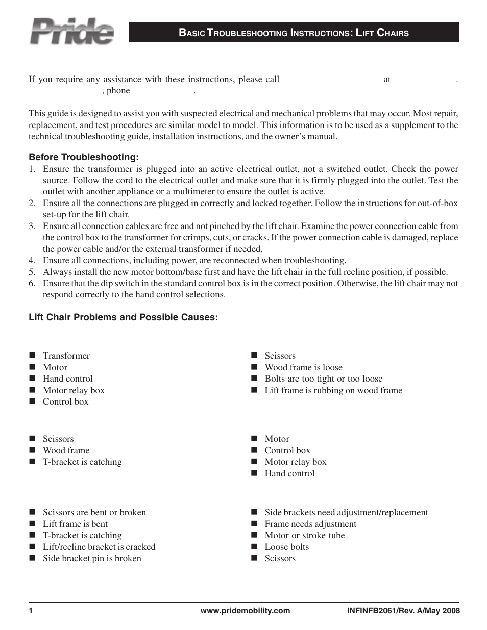 Pride Mobility End-To-End Lift Chair User Manual | 2 pages