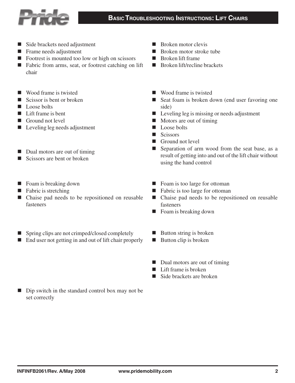 Pride Mobility End-To-End Lift Chair User Manual | Page 2 / 2