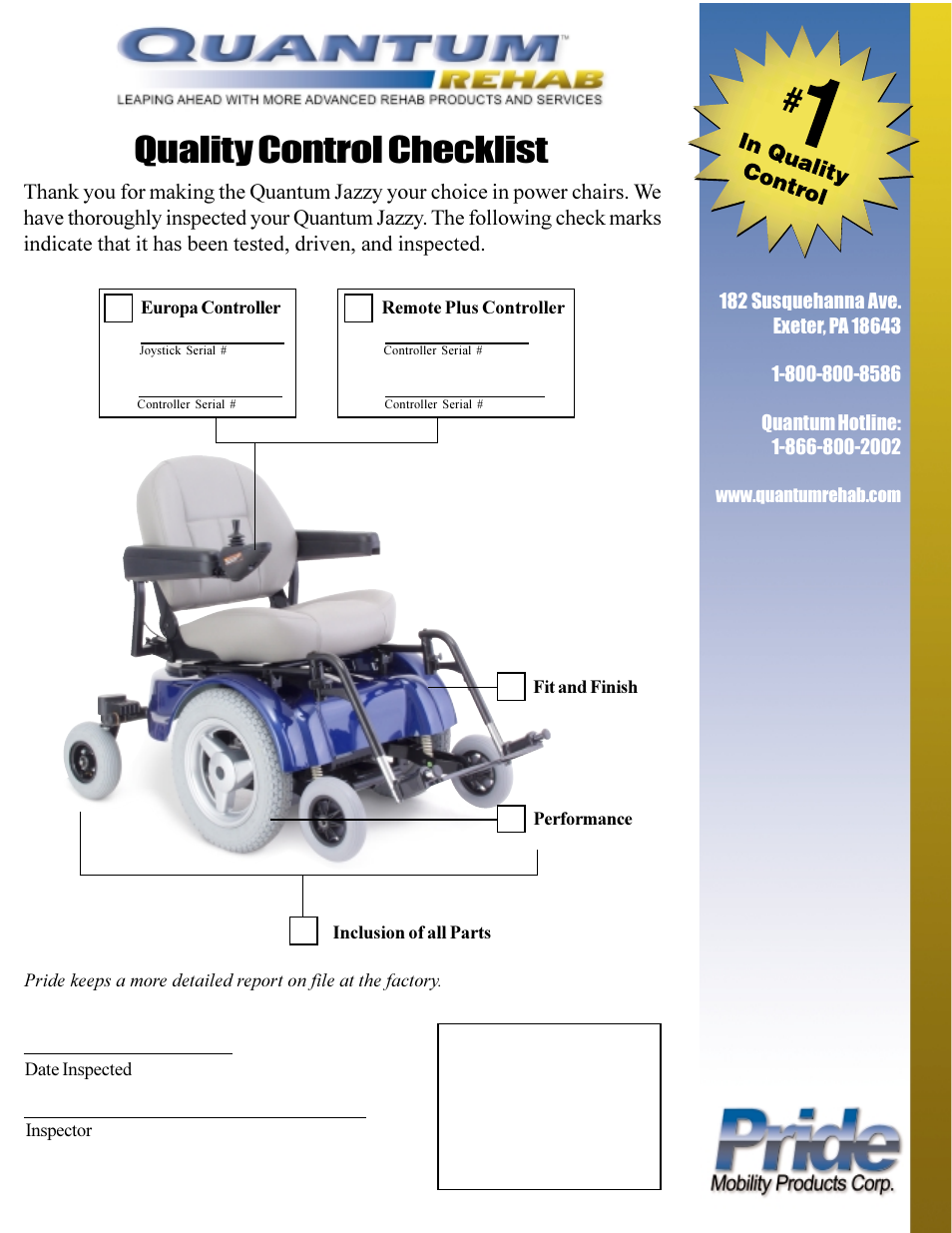 Quality control checklist | Pride Mobility 1420 User Manual | Page 47 / 47