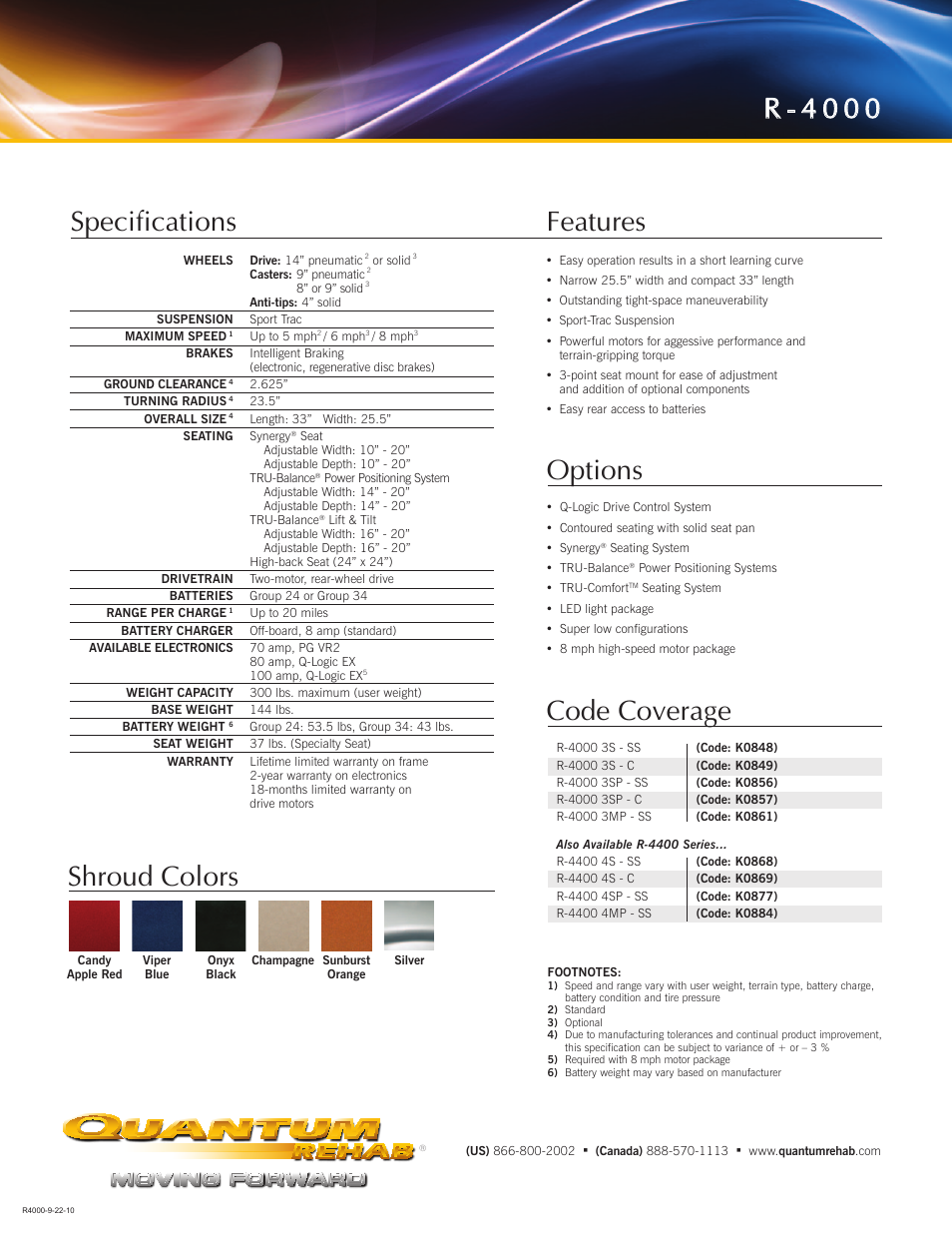 Specifications features, Options, Code coverage shroud colors | R - 4 0 0 0 | Pride Mobility REAR-WHEEL DRIVE POWER CHAIRS Quantum R-4000 User Manual | Page 2 / 2