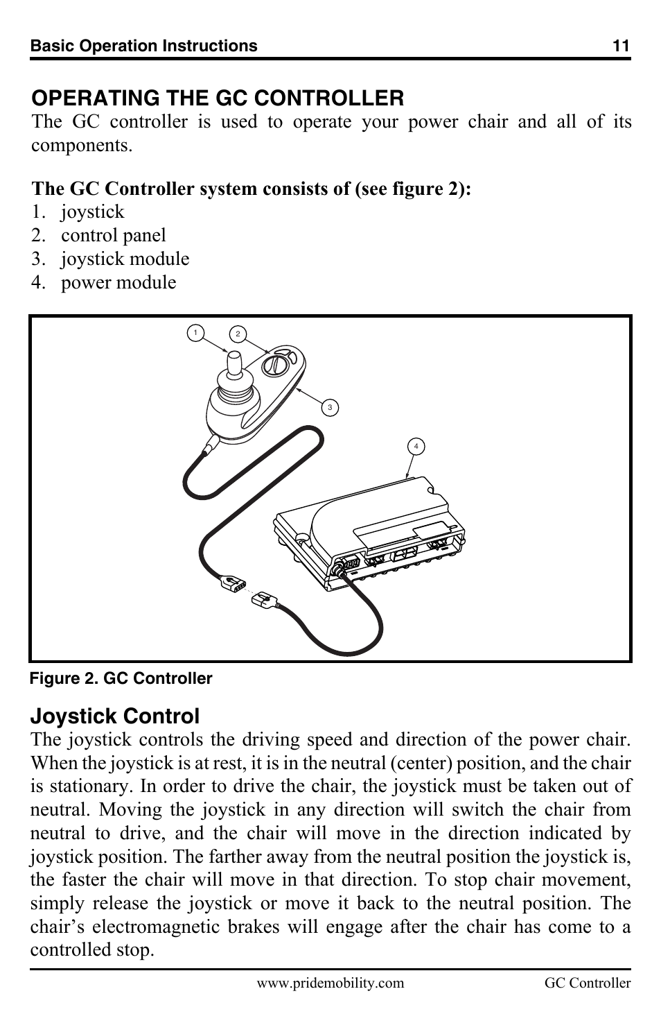Joystick control, Operating the gc controller | Pride Mobility GC Controller INFMANU3355 User Manual | Page 11 / 20