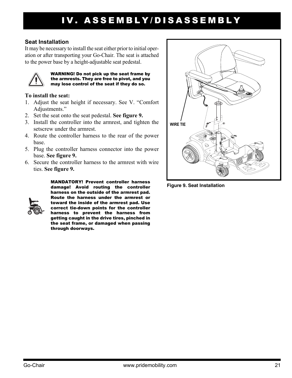 Iv. assembly/disassembly | Pride Mobility 1400 User Manual | Page 21 / 44