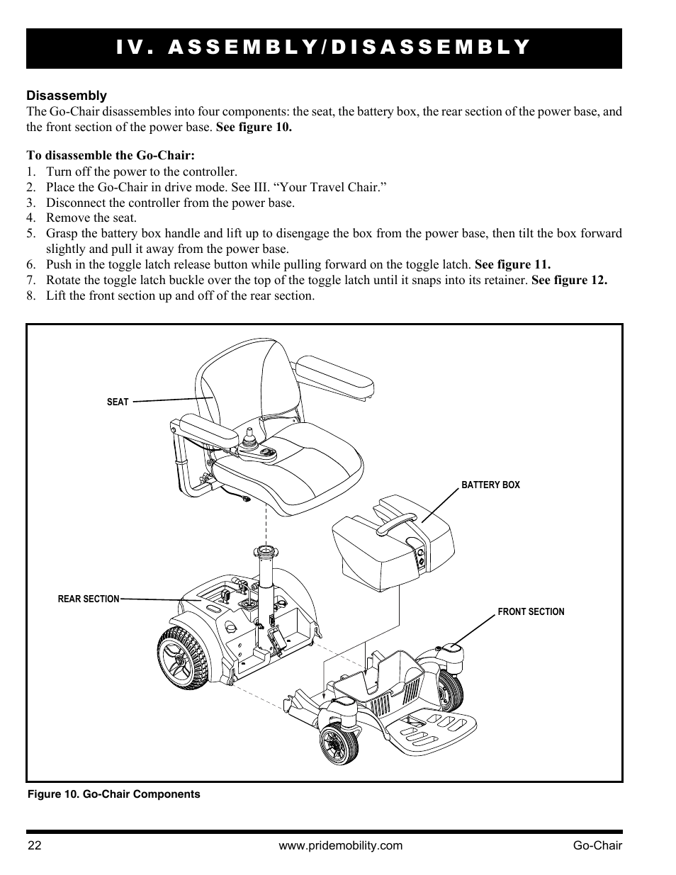 Iv. assembly/disassembly | Pride Mobility 1400 User Manual | Page 22 / 44