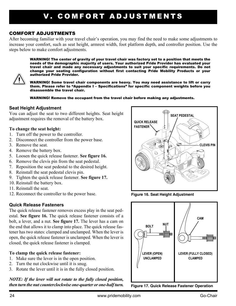 V. comfort adjustments | Pride Mobility 1400 User Manual | Page 24 / 44