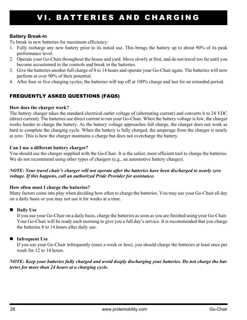 Vi. batteries and charging | Pride Mobility 1400 User Manual | Page 28 / 44