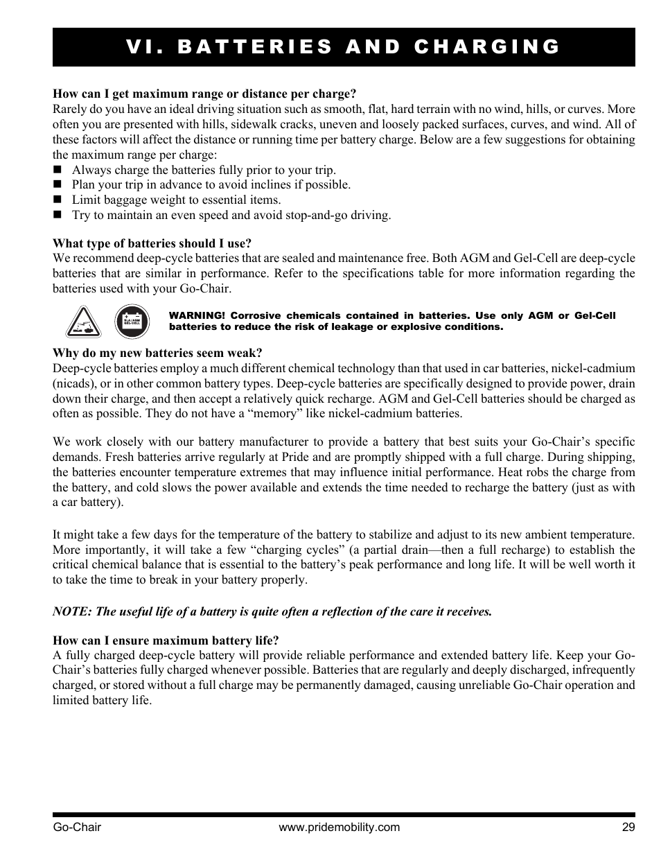 Vi. batteries and charging | Pride Mobility 1400 User Manual | Page 29 / 44