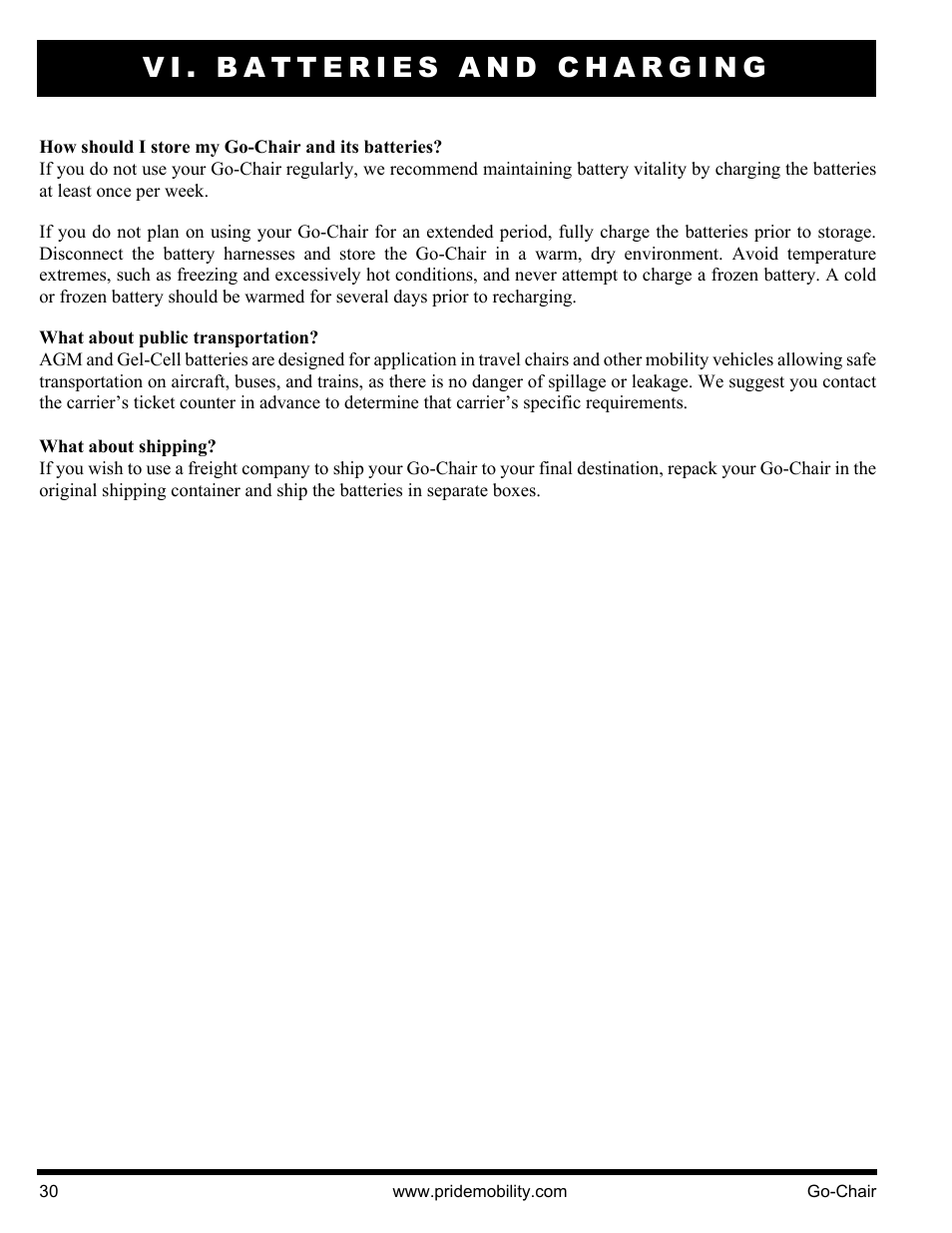 Vi. batteries and charging | Pride Mobility 1400 User Manual | Page 30 / 44