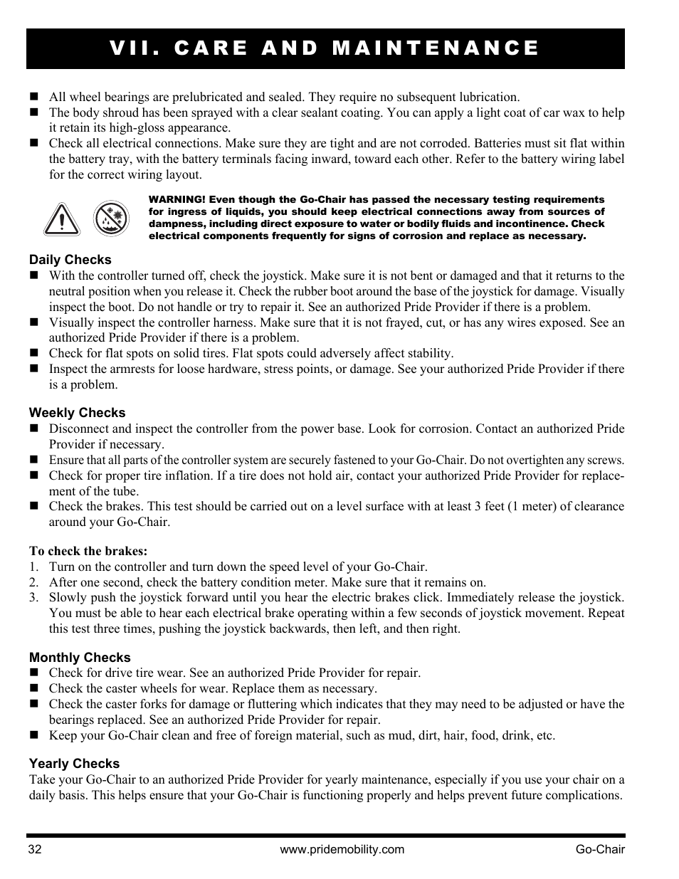 Vii. care and maintenance | Pride Mobility 1400 User Manual | Page 32 / 44