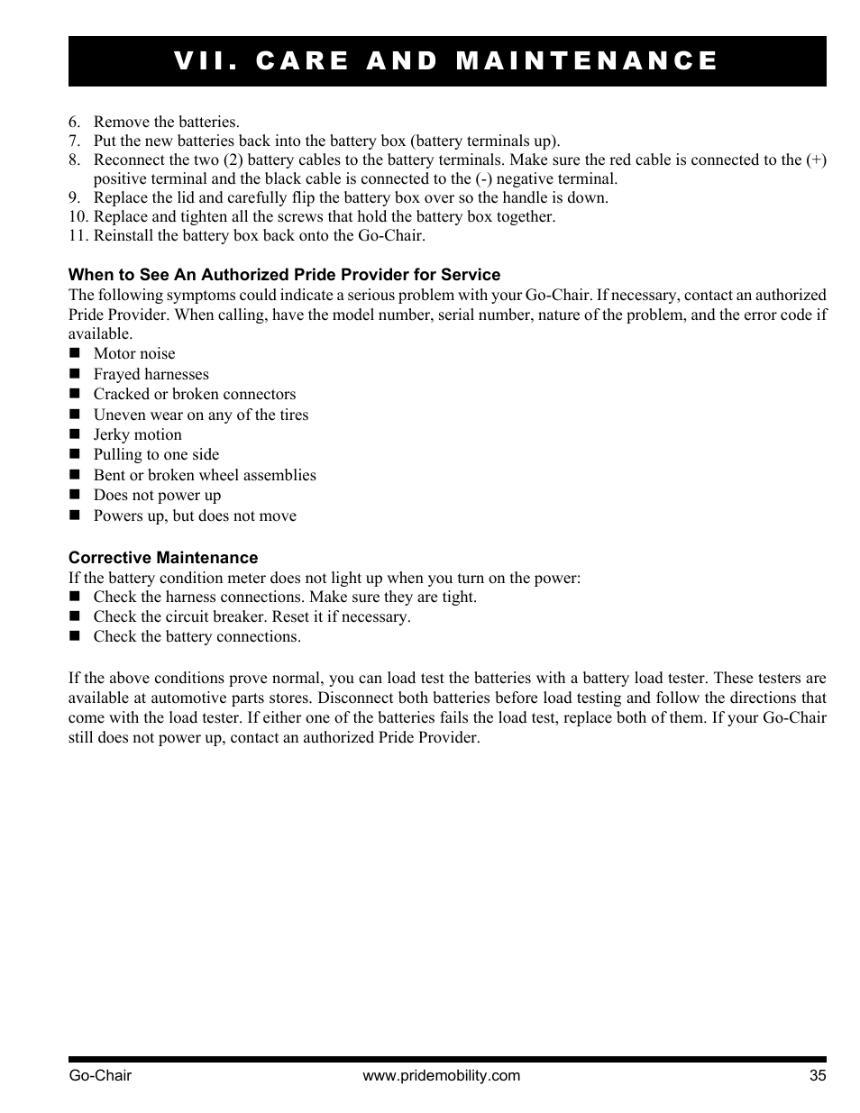 Vii. care and maintenance | Pride Mobility 1400 User Manual | Page 35 / 44