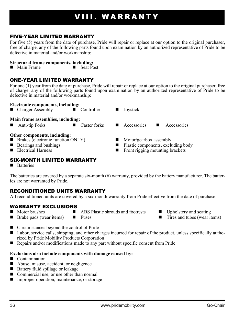 Viii. warranty | Pride Mobility 1400 User Manual | Page 36 / 44