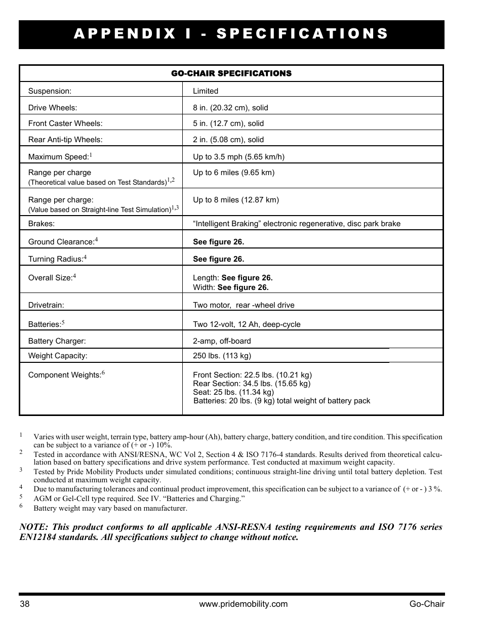 Appendix i - specifications | Pride Mobility 1400 User Manual | Page 38 / 44