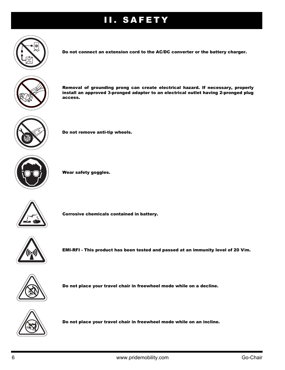 Ii. safety | Pride Mobility 1400 User Manual | Page 6 / 44