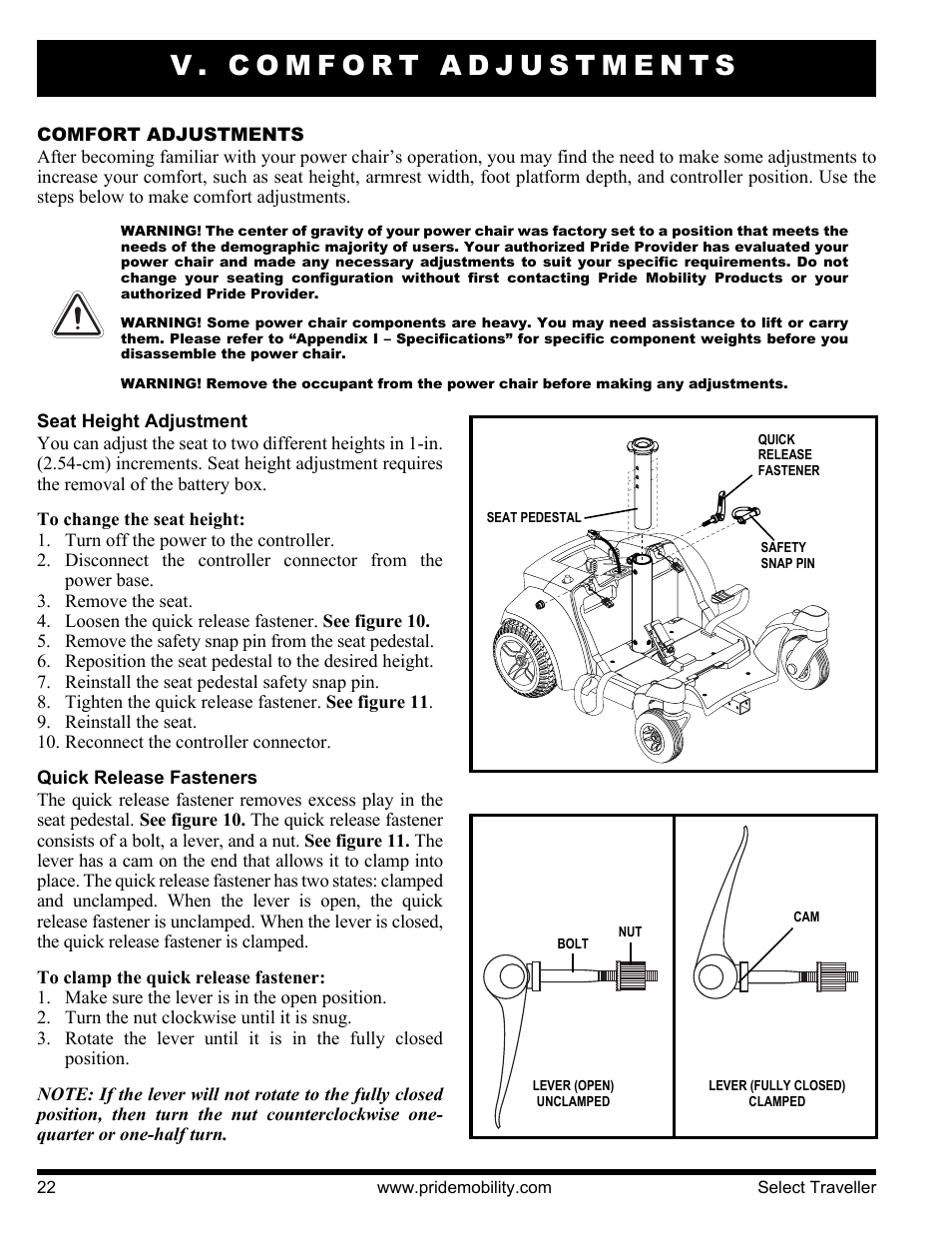 V. comfort adjustments | Pride Mobility Jazzy Select Series User Manual | Page 22 / 39