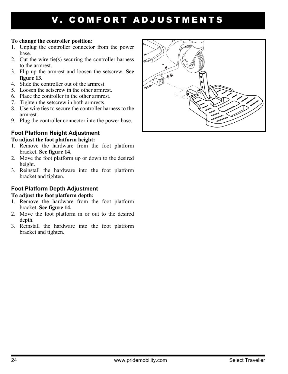 V. comfort adjustments | Pride Mobility Jazzy Select Series User Manual | Page 24 / 39