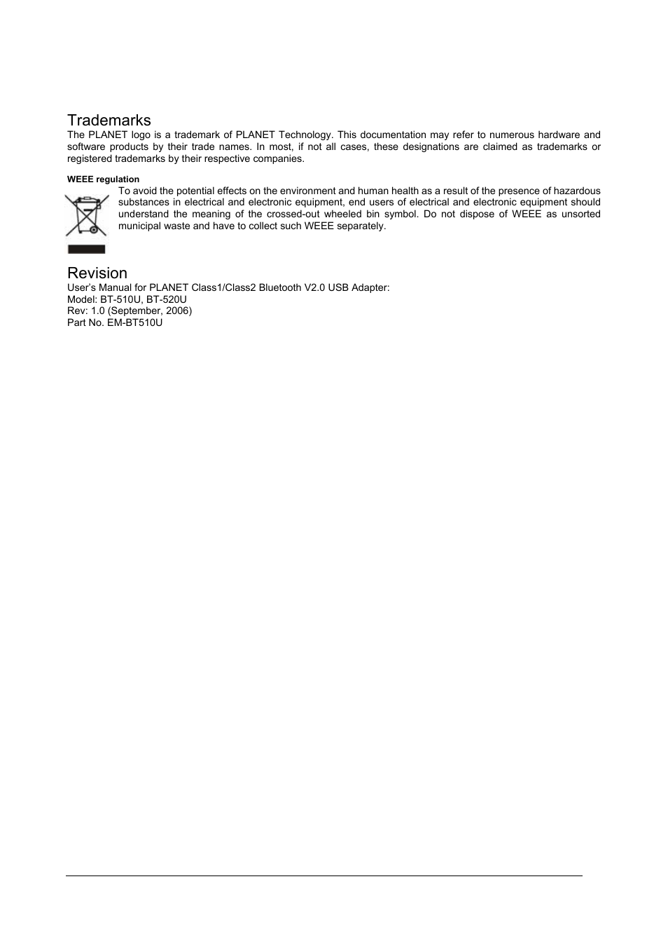 Trademarks, Revision | Planet Technology BT-510U User Manual | Page 3 / 151