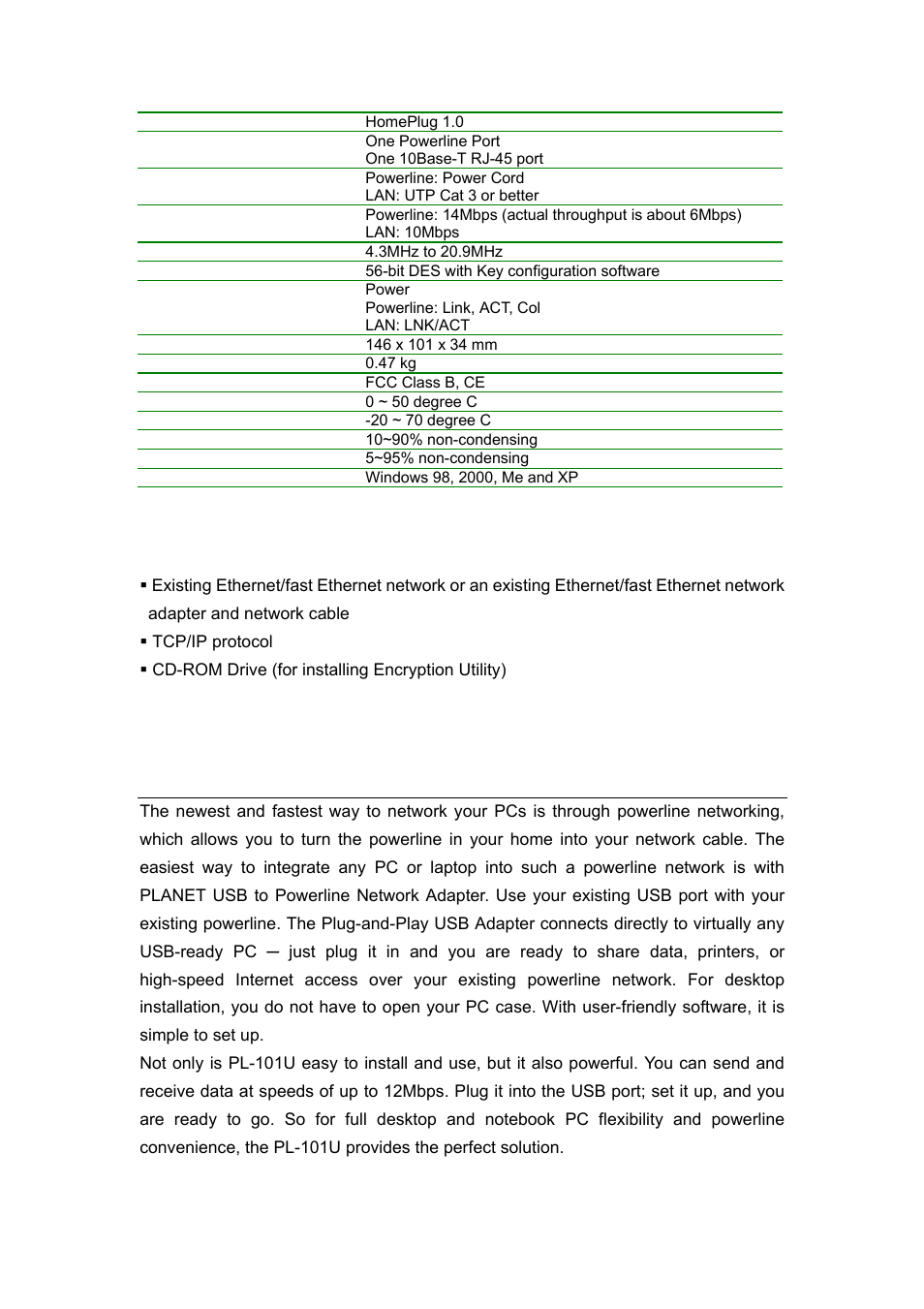 5 system requirements, 2 usb to powerline network adapter – pl-101u | Planet Technology PL-101E User Manual | Page 7 / 24