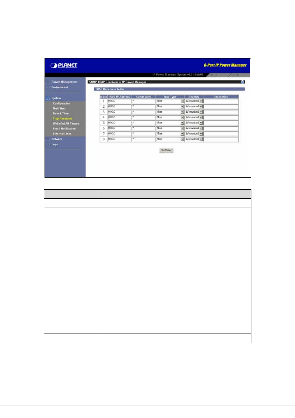 4 trap receivers, Trap receivers | Planet Technology 8-Port IP Power Manager IPM-8001 User Manual | Page 41 / 58