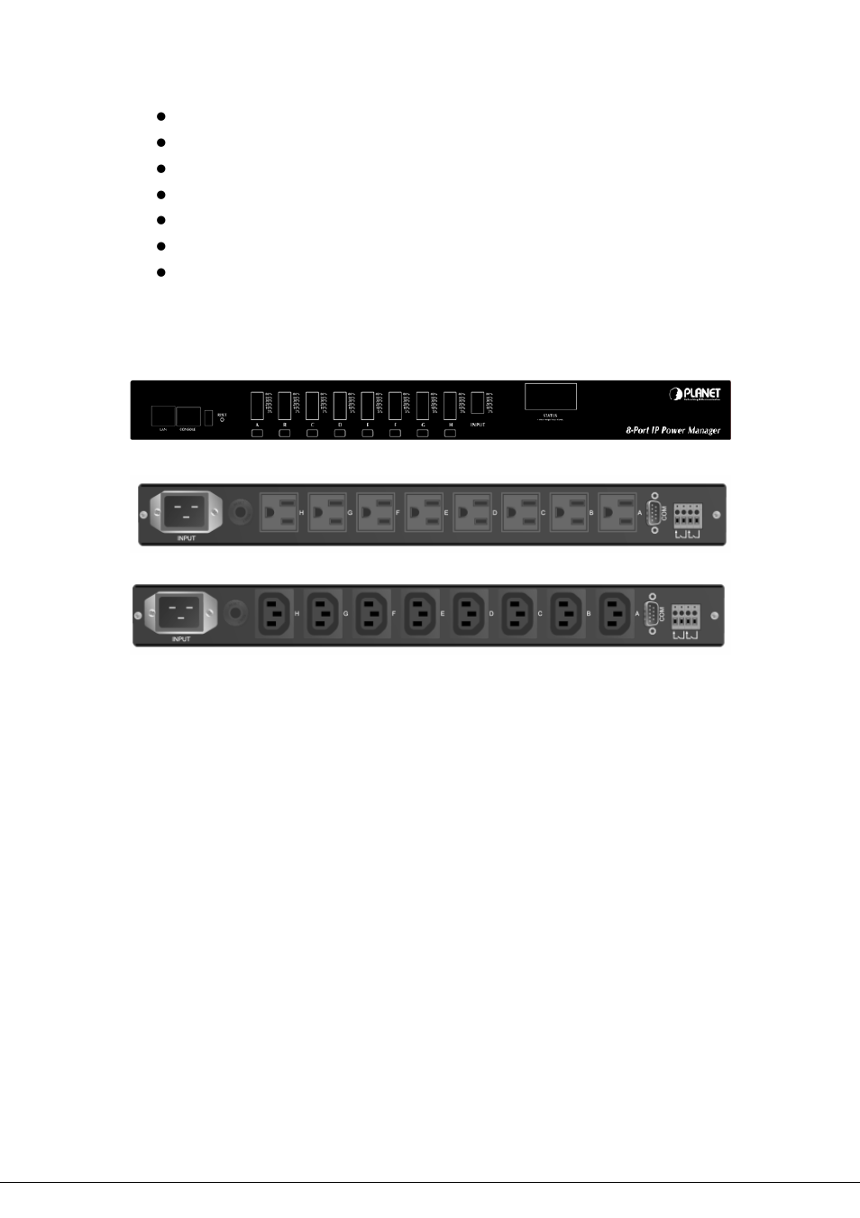 4 front and rear panel, 5 led and button on front panel, 1 power outlet led and button | Ront and, Anel, Utton on, Ront, Power outlet led and button | Planet Technology 8-Port IP Power Manager IPM-8001 User Manual | Page 7 / 58