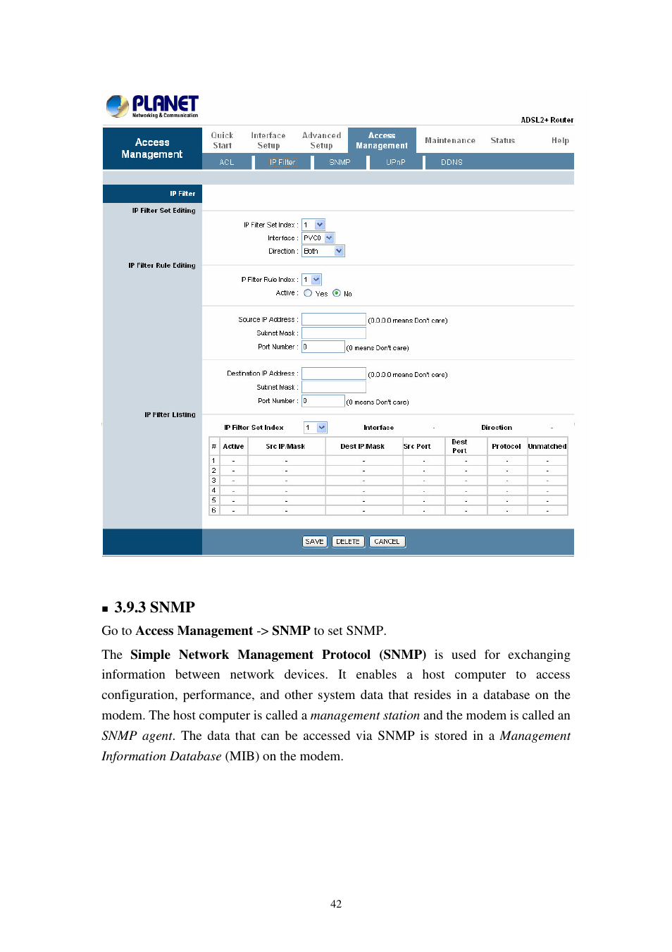 3 snmp | Planet Technology 802.11g Wireless ADSL 2/2+ Router ADW-4401A/Bv2 User Manual | Page 42 / 63