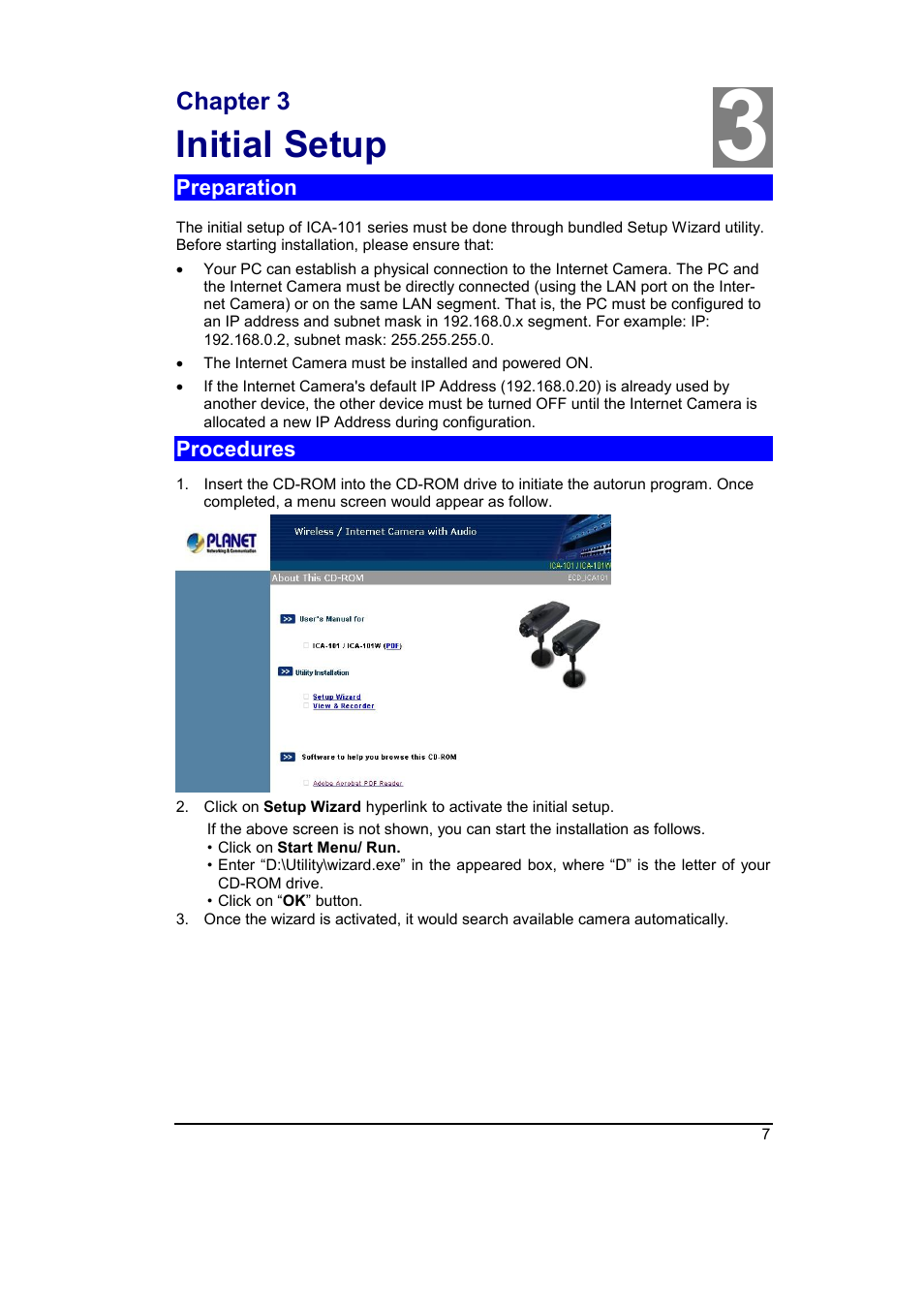 Chapter 3 initial setup, Preparation, Procedures | Initial setup | Planet Technology ICA-101 User Manual | Page 10 / 39