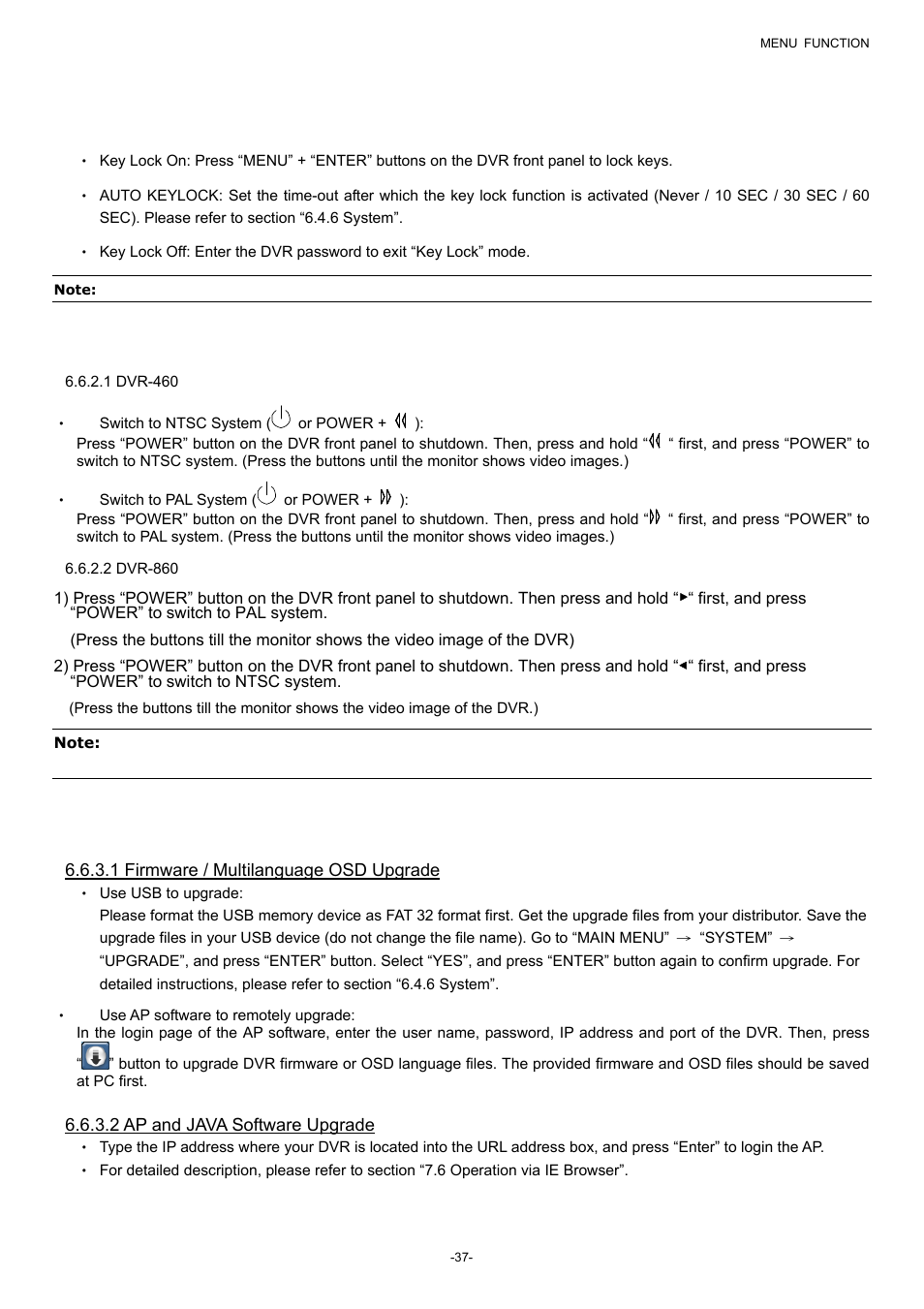 6 additional operation, 1 key lock and unlock, 2 switch ntsc / pal system | 1 dvr-460, 2 dvr-860, 3 upgrade, 1 firmware / multilanguage osd upgrade, 2 ap and java software upgrade | Planet Technology DVR-860 User Manual | Page 43 / 79