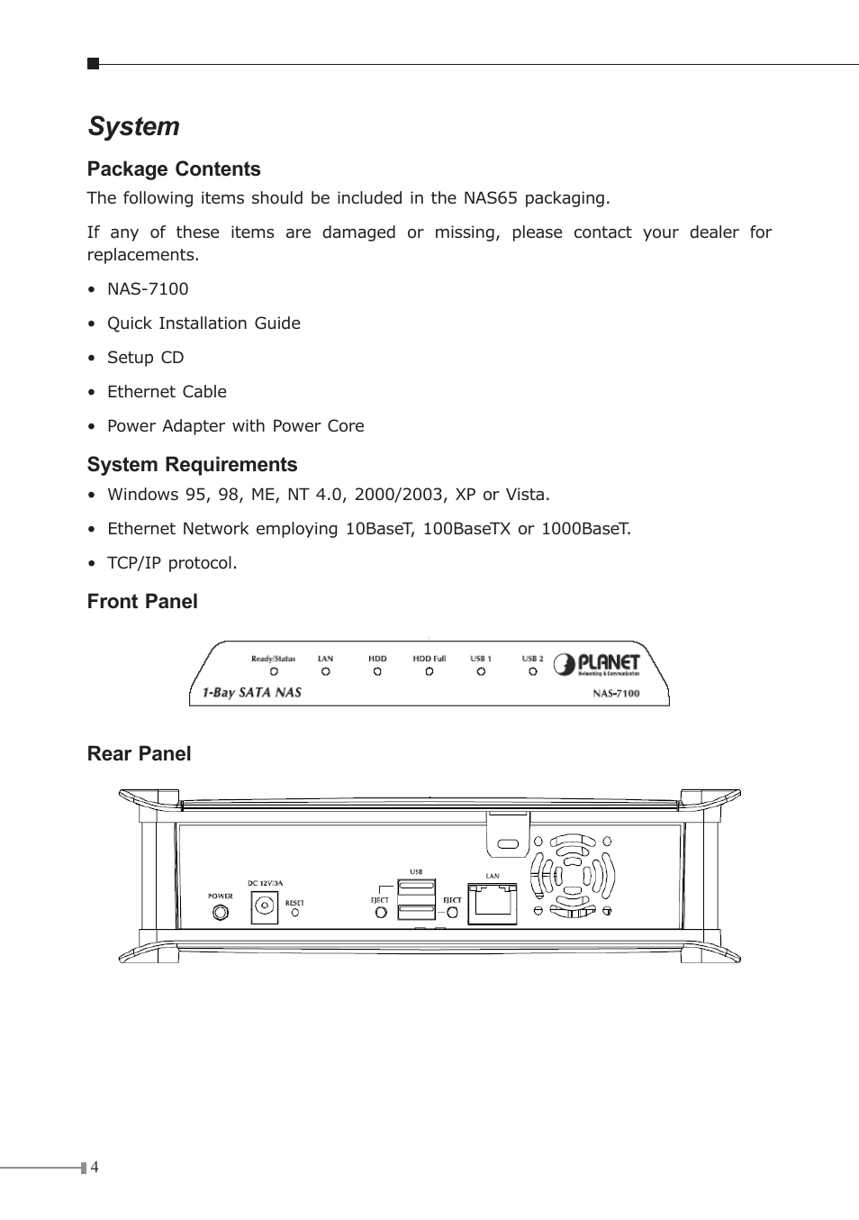 System | Planet Technology 1-Bay SATA NAS Server NAS-7100 User Manual | Page 4 / 12