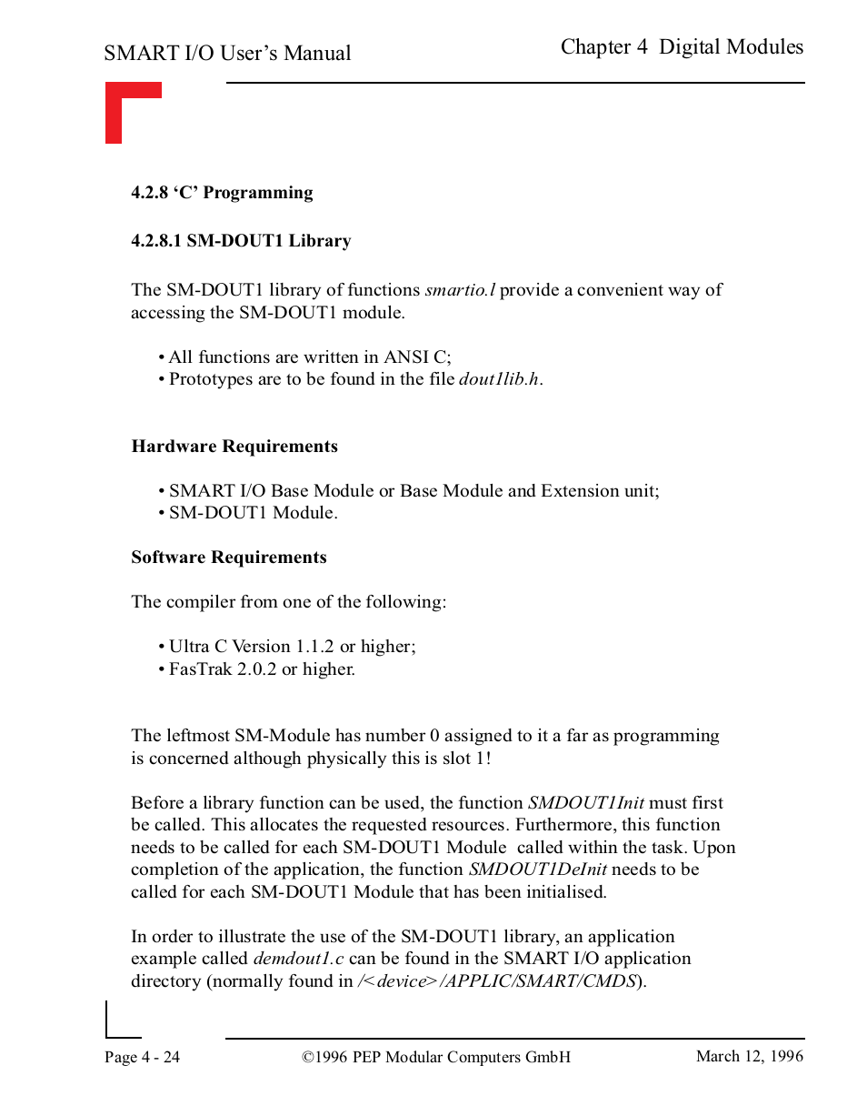 8 ‘c’ programming, 1 sm-dout1 library, Smart i/o user’s manual | Chapter 4 digital modules | Pepper Computer Modular Computers RS485 User Manual | Page 112 / 320