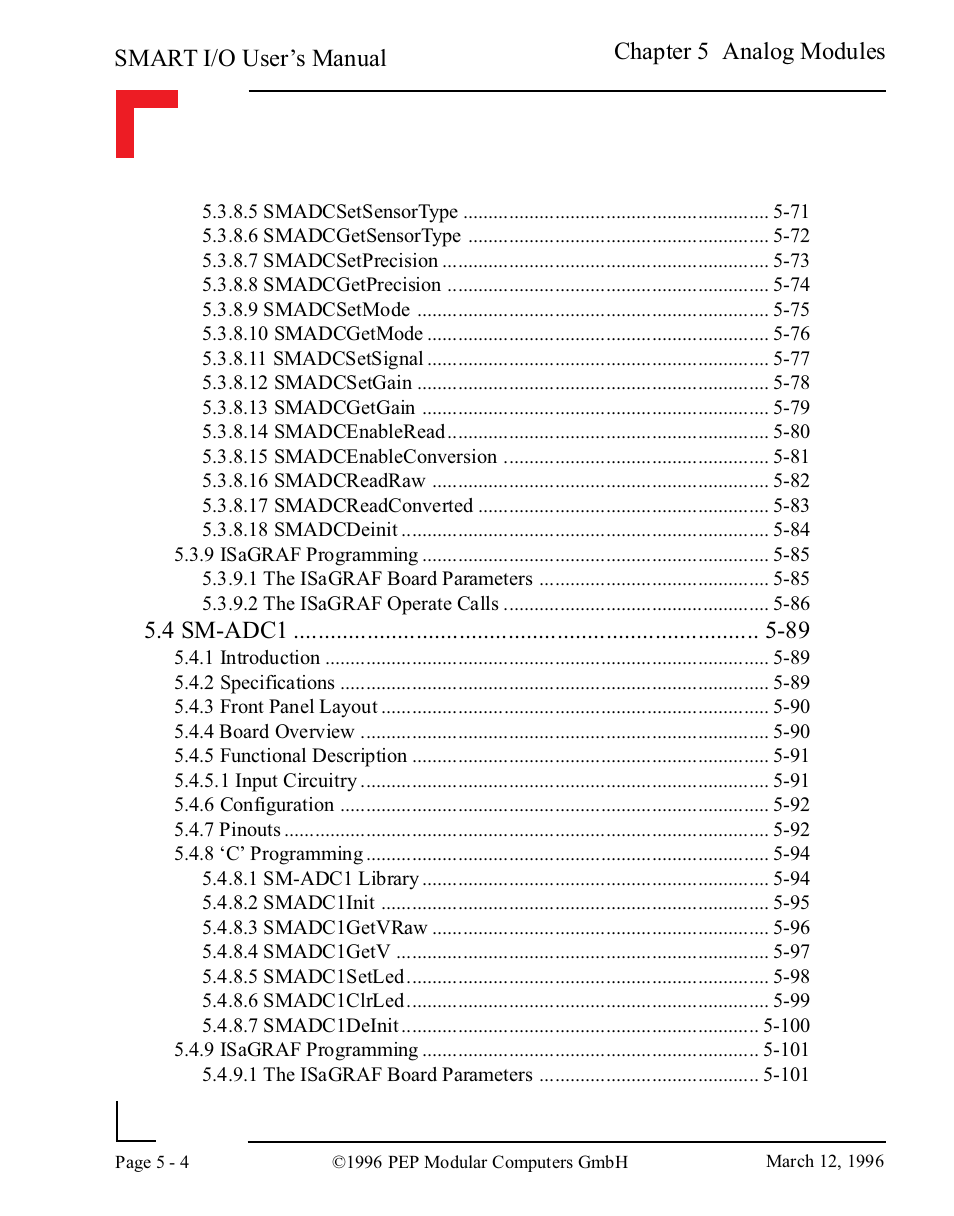 Smart i/o user’s manual, Chapter 5 analog modules, 4 sm-adc1 -89 | Pepper Computer Modular Computers RS485 User Manual | Page 160 / 320