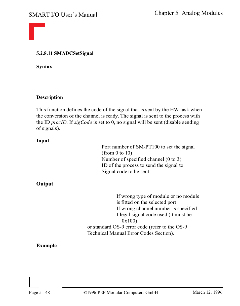 11 smadcsetsignal, 11 smadcsetsignal -48, Smart i/o user’s manual | Chapter 5 analog modules | Pepper Computer Modular Computers RS485 User Manual | Page 204 / 320