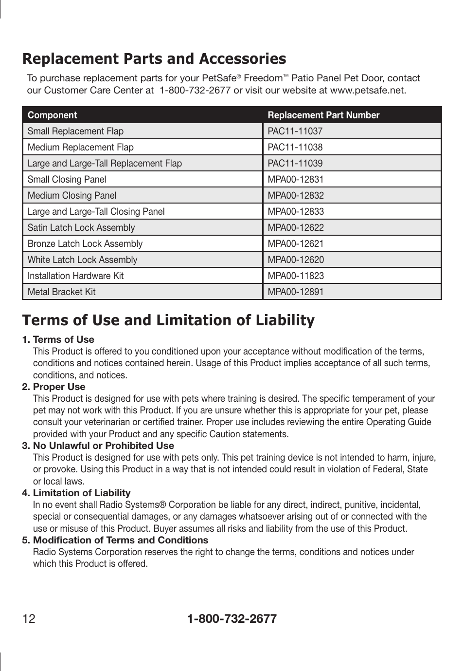 Replacement parts and accessories, Terms of use and limitation of liability | Petsafe PPA11-13141 User Manual | Page 12 / 36