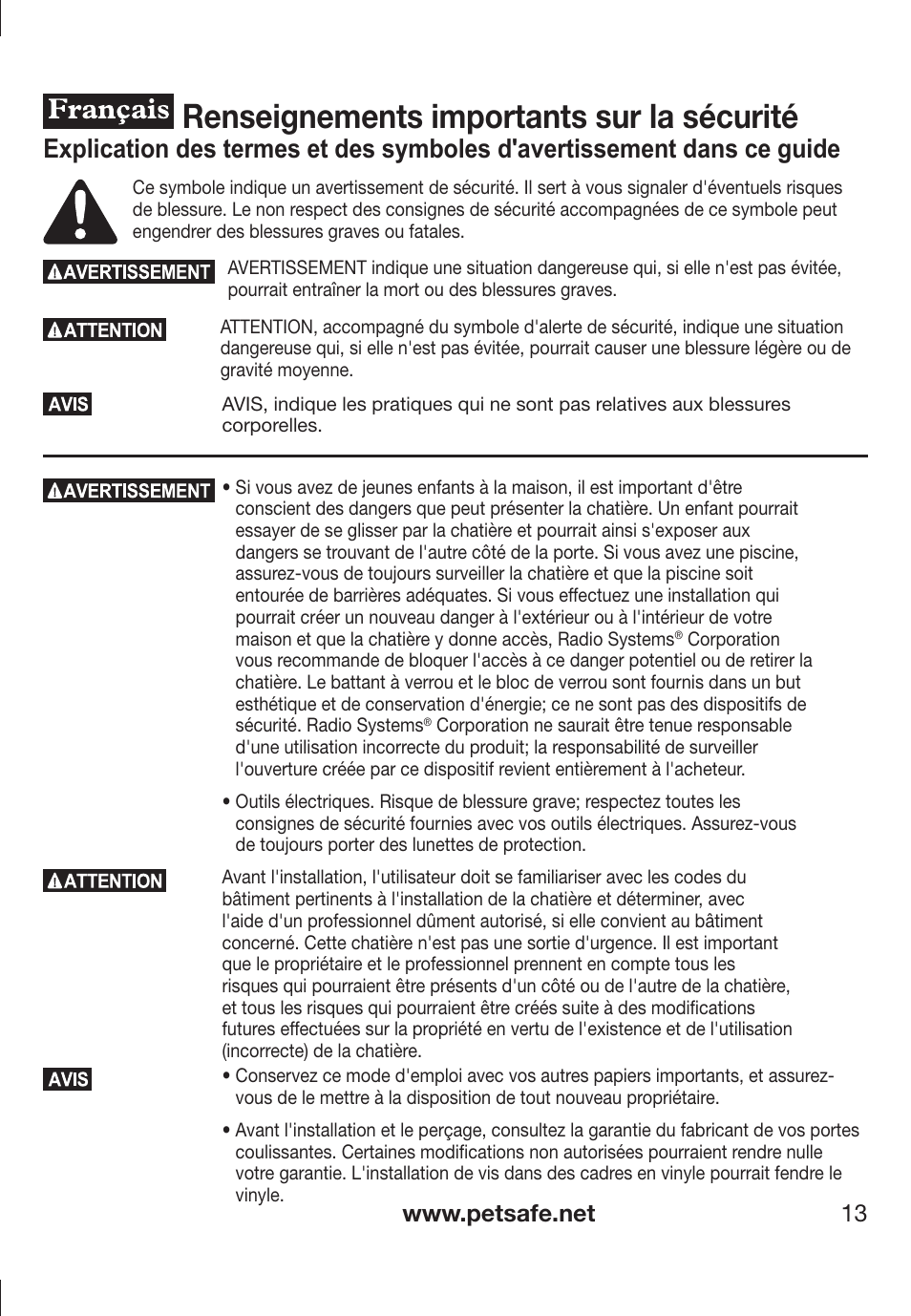 Renseignements importants sur la sécurité | Petsafe PPA11-13141 User Manual | Page 13 / 36