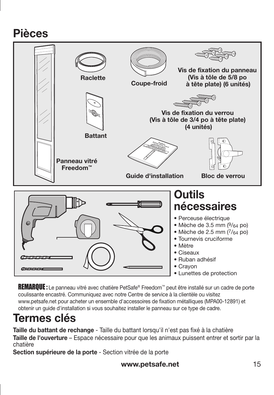 Pièces, Outils nécessaires, Termes clés | Remarque | Petsafe PPA11-13141 User Manual | Page 15 / 36