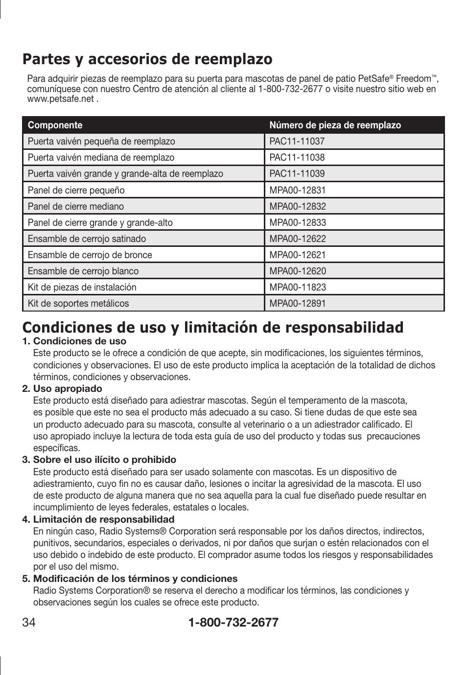 Partes y accesorios de reemplazo, Condiciones de uso y limitación de responsabilidad | Petsafe PPA11-13141 User Manual | Page 34 / 36