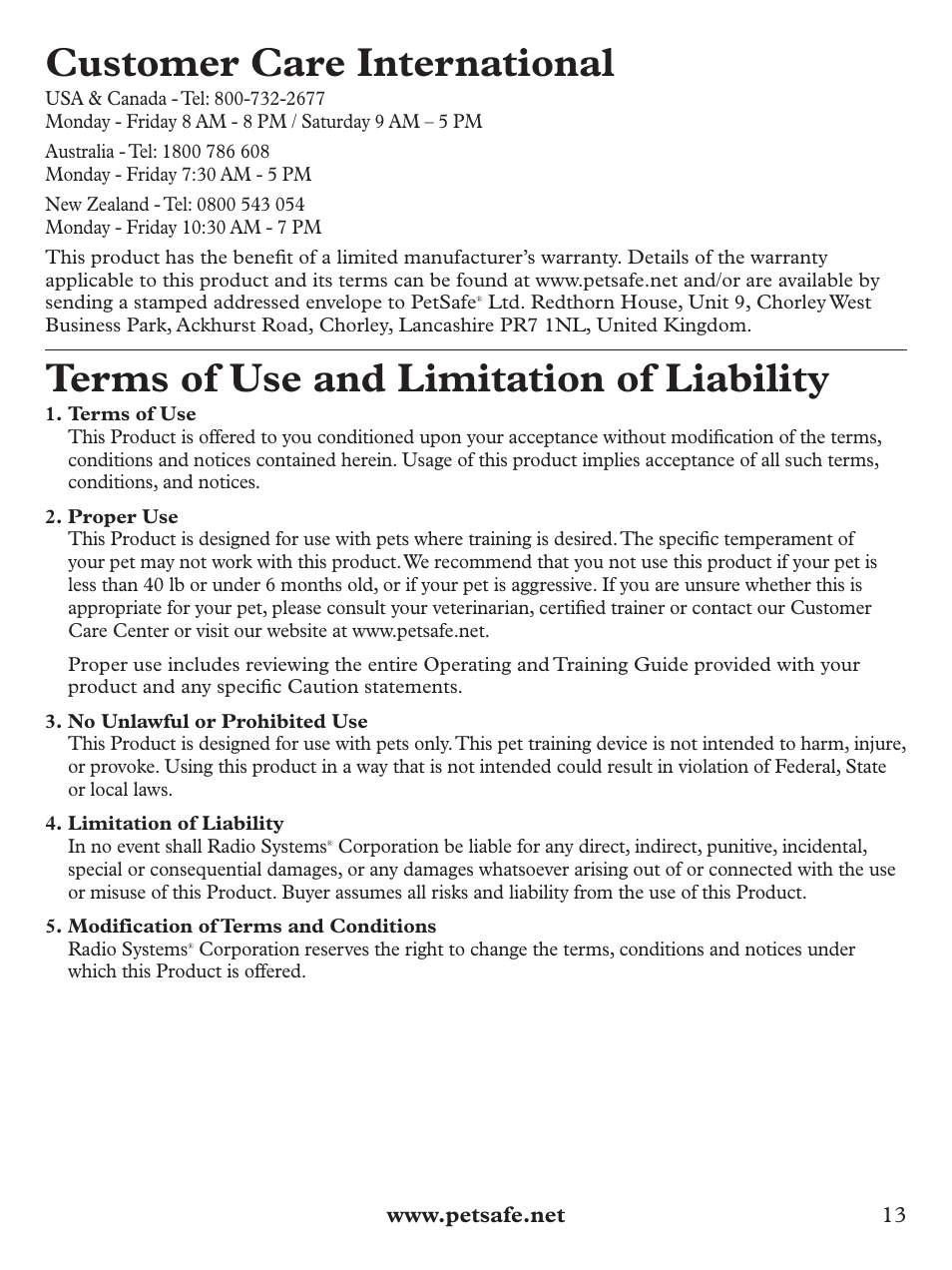 Customer care international, Terms of use and limitation of liability | Petsafe BIG DOG PBC00-12724 User Manual | Page 13 / 16