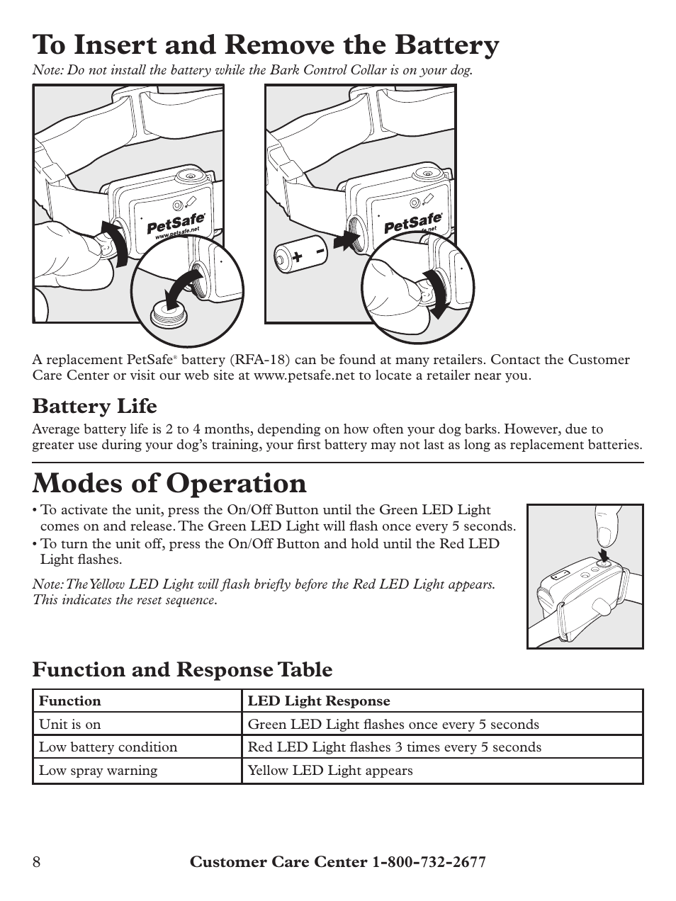 Modes of operation, Battery life, Function and response table | Petsafe BIG DOG PBC00-12724 User Manual | Page 8 / 16