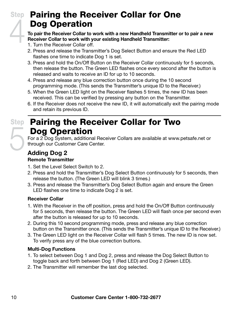 Pairing the receiver collar for one dog operation, Pairing the receiver collar for two dog operation | Petsafe PDT00-12892 User Manual | Page 10 / 24