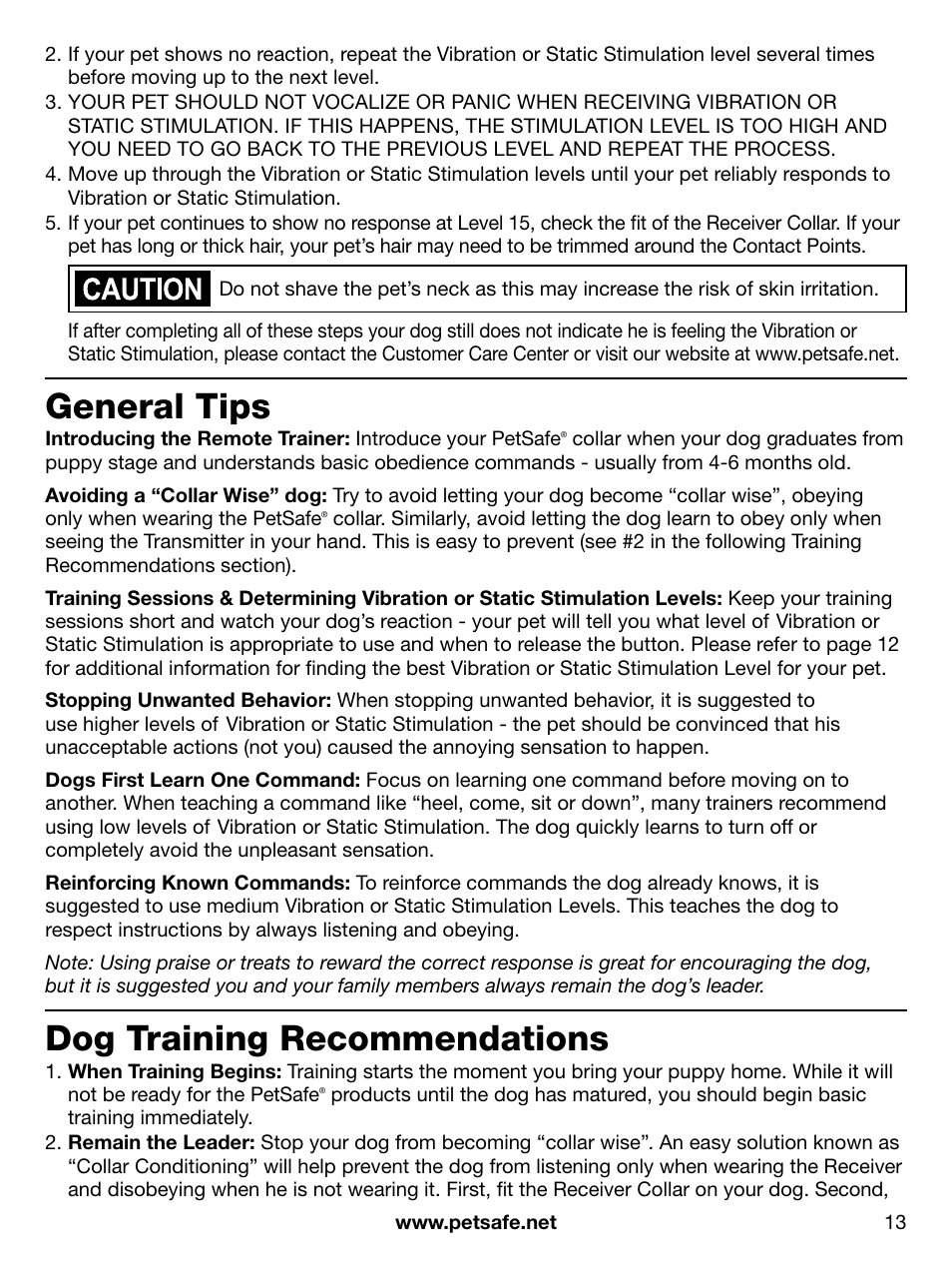 General tips, Dog training recommendations | Petsafe PDT00-12892 User Manual | Page 13 / 24
