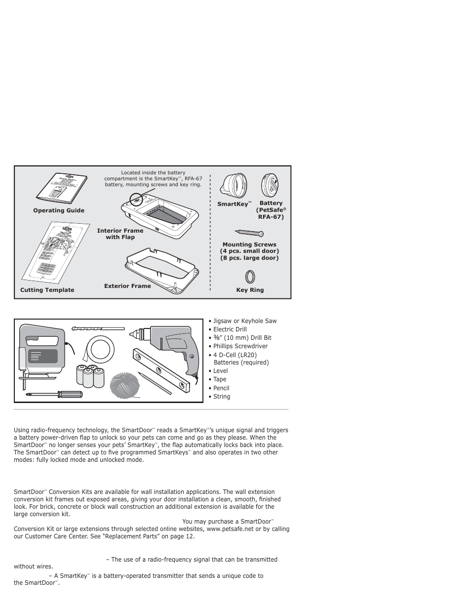 Components, Tools needed, How the smartdoor | Works, Install the smartdoor, Through a wall with the smartdoor, Conversion kit, Key defi nitions | Petsafe PPA11-10709 User Manual | Page 4 / 44