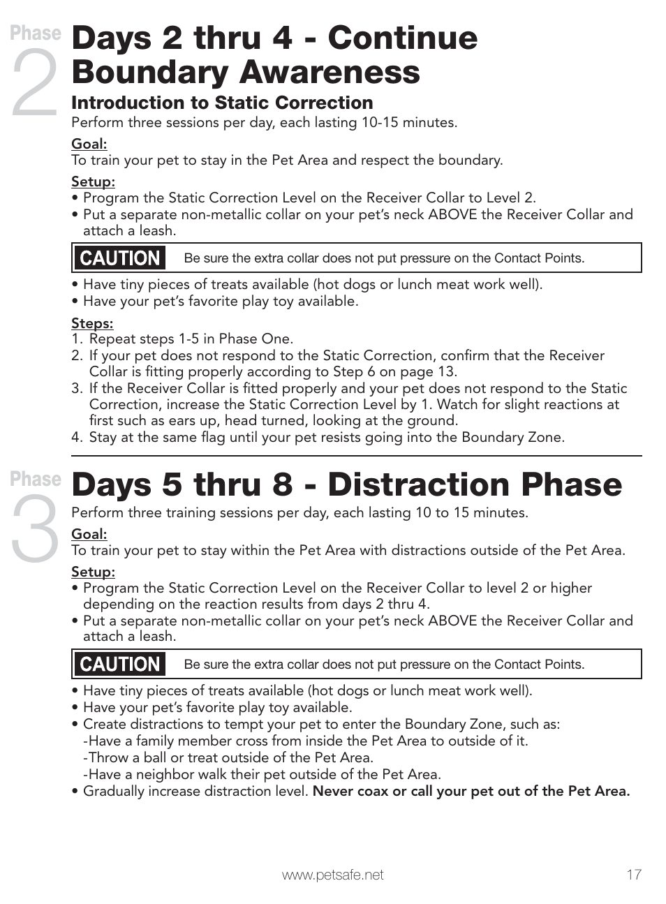 Days 2 thru 4 - continue boundary awareness, Days 5 thru 8 - distraction phase | Petsafe Stay+Play Wireless Fence PIF00-12917 User Manual | Page 17 / 28