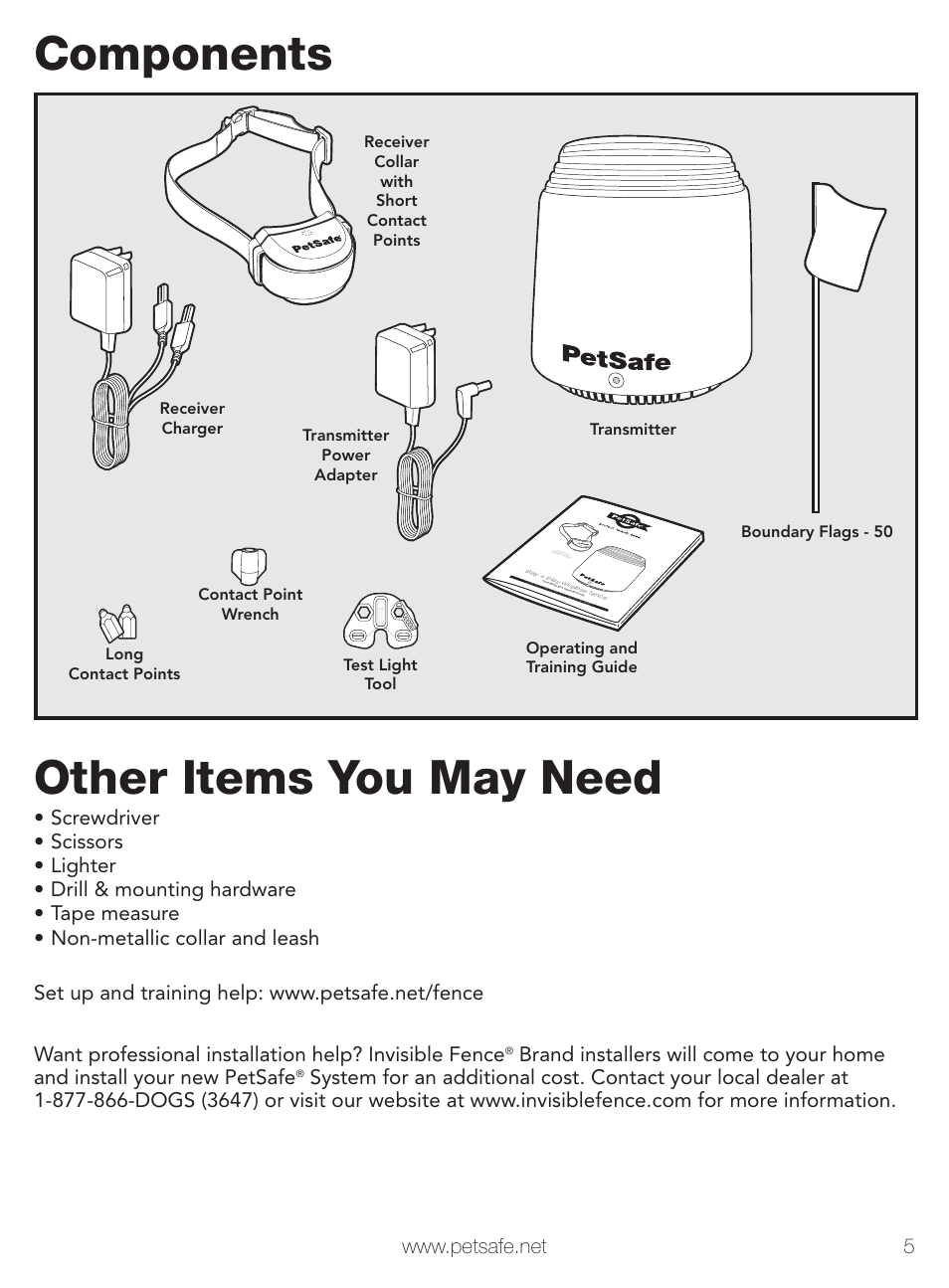 Components, Other items you may need | Petsafe Stay+Play Wireless Fence PIF00-12917 User Manual | Page 5 / 28