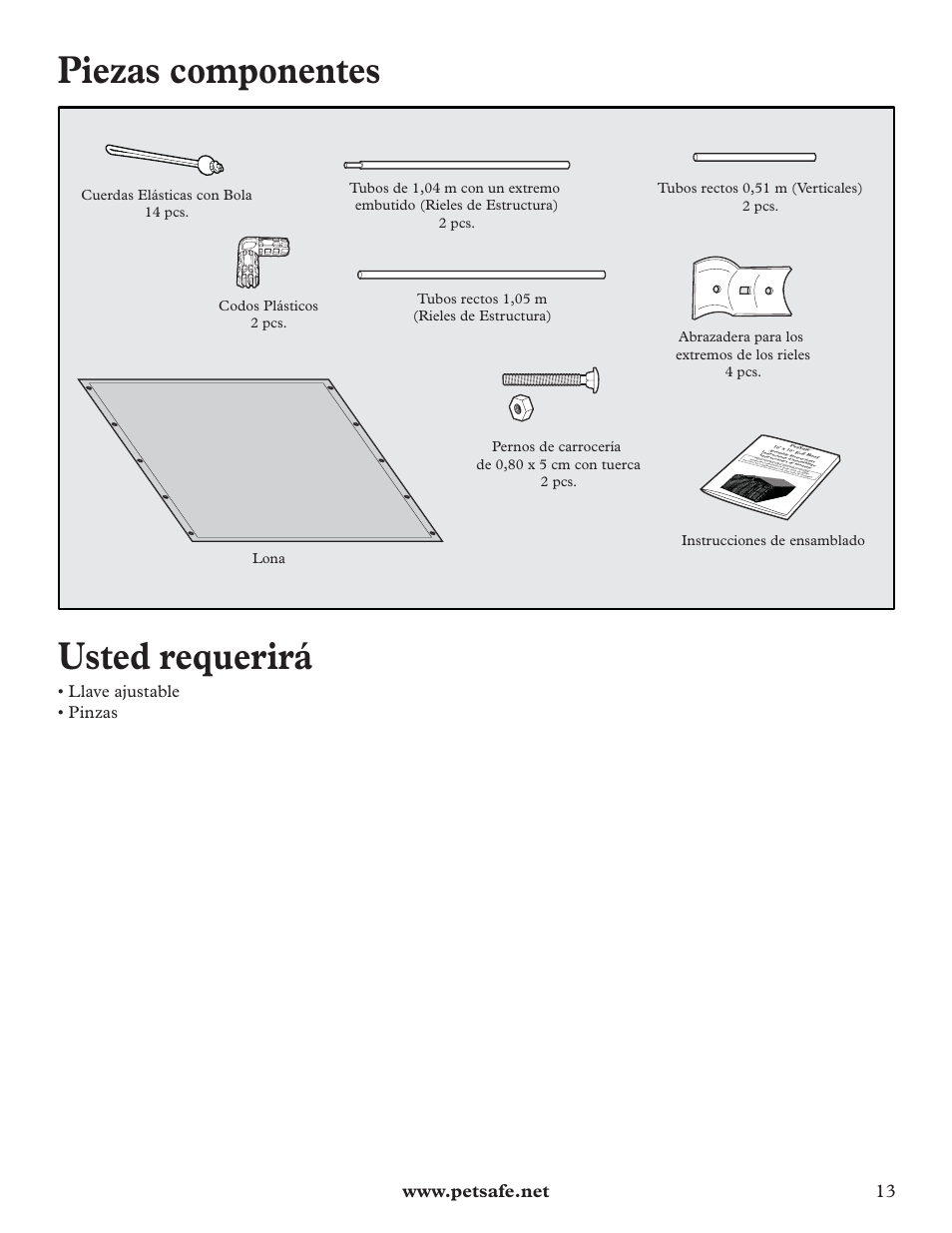 Piezas componentes, Usted requerirá, Llave ajustable • pinzas | Petsafe E-Z Roof User Manual | Page 13 / 16