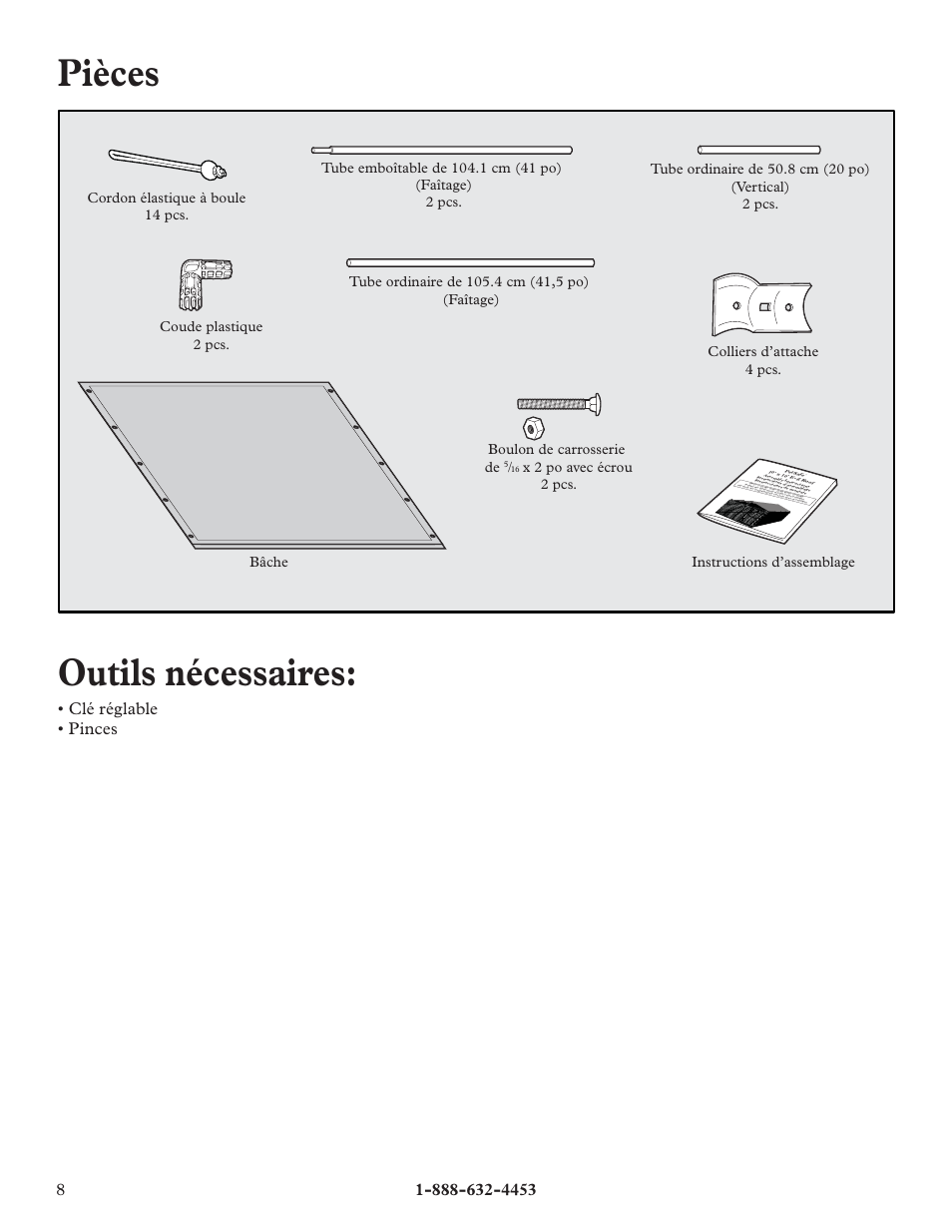 Pièces, Outils nécessaires, Clé réglable • pinces | Petsafe E-Z Roof User Manual | Page 8 / 16