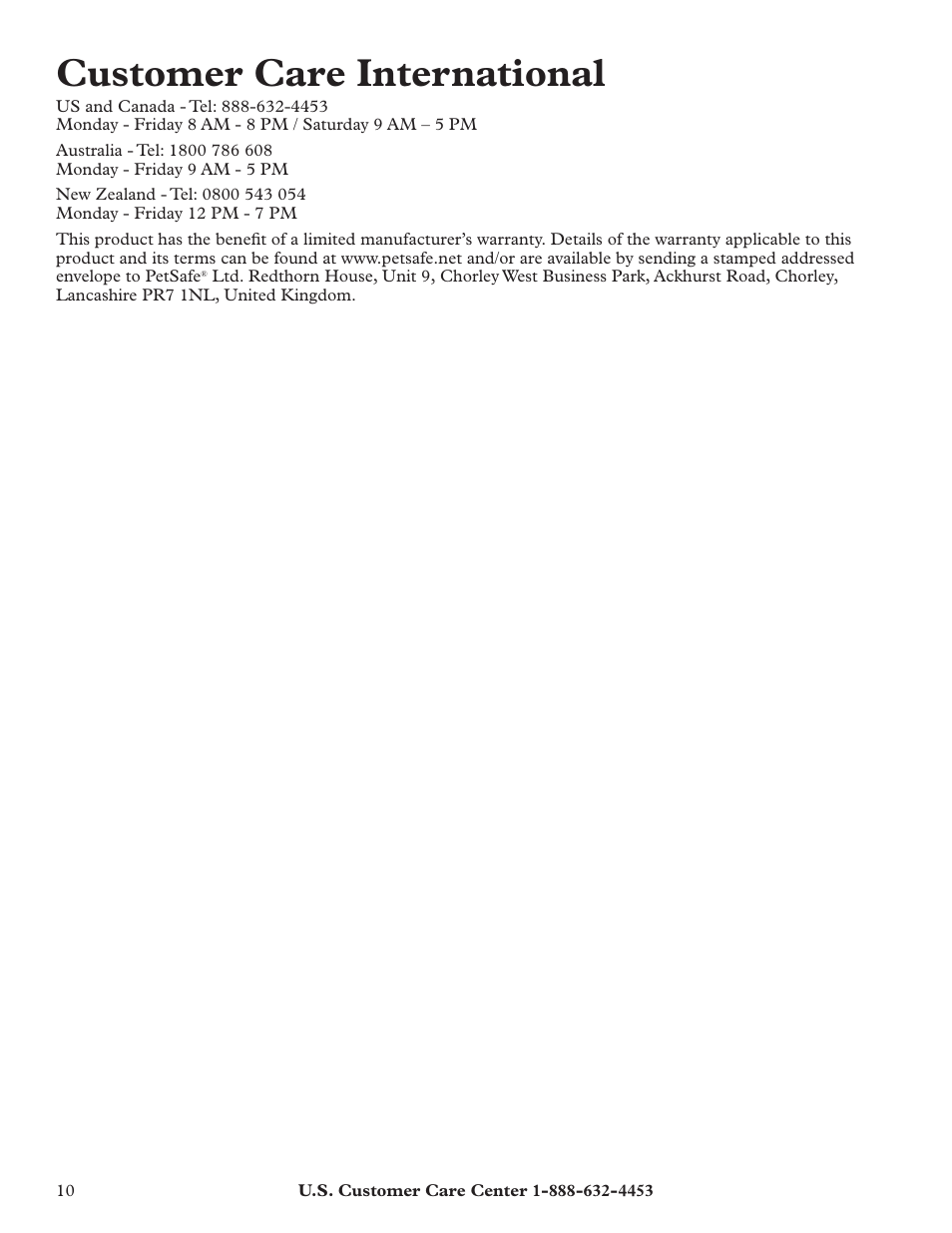 Customer care international | Petsafe HBK11-11926 User Manual | Page 10 / 28