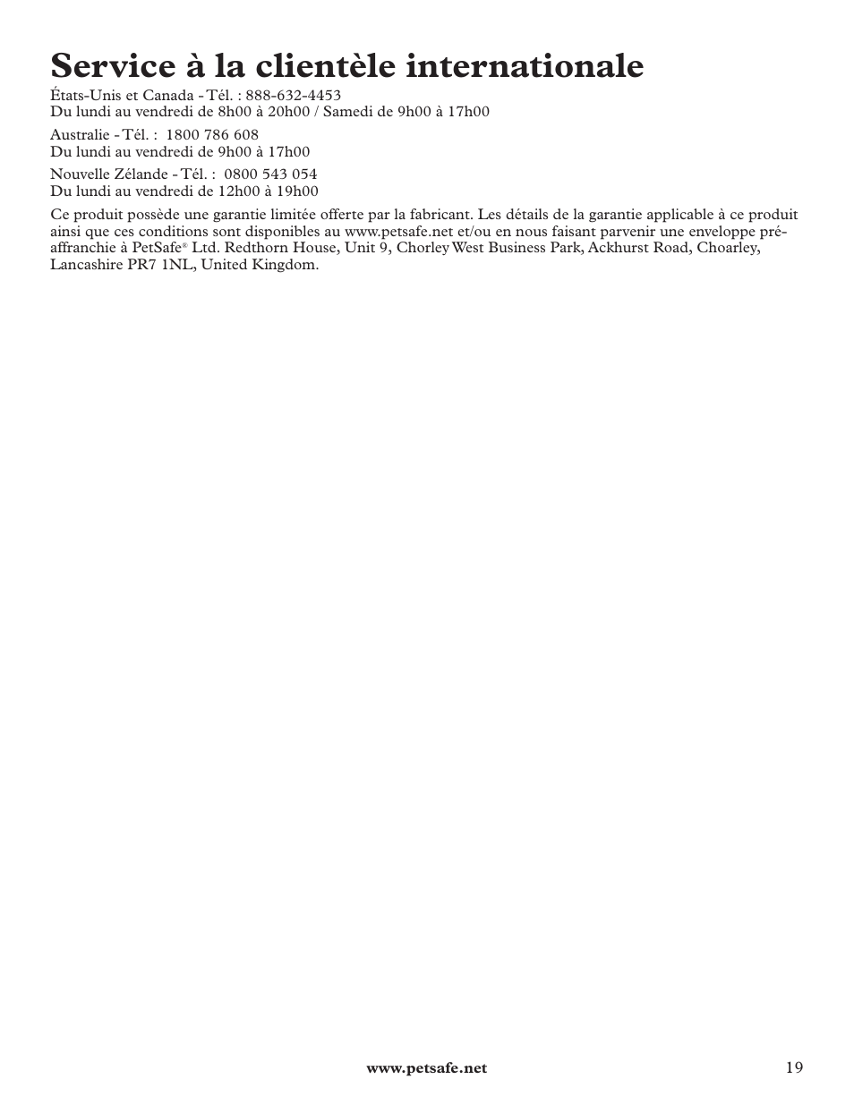 Service à la clientèle internationale | Petsafe HBK11-11926 User Manual | Page 19 / 28
