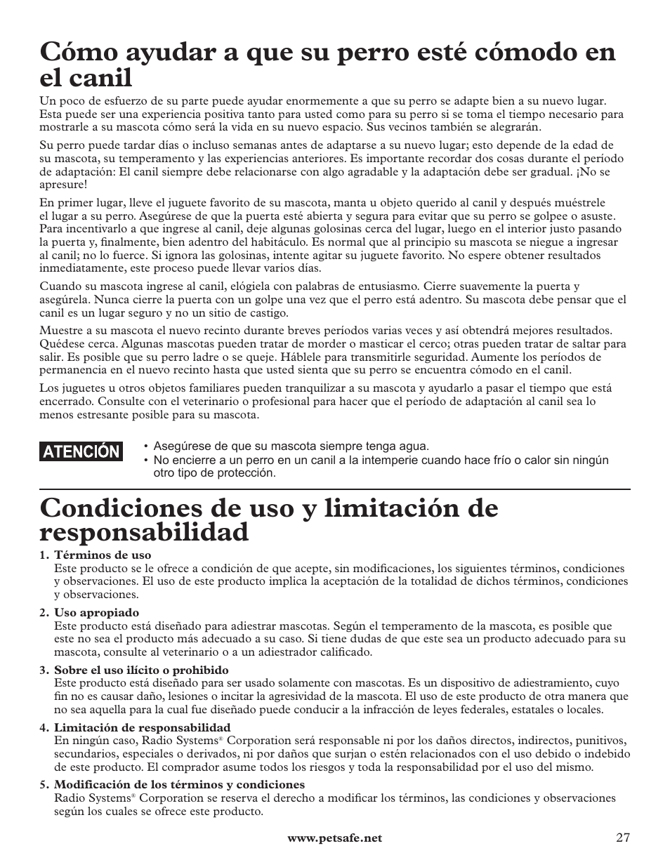 Cómo ayudar a que su perro esté cómodo en el canil, Condiciones de uso y limitación de responsabilidad | Petsafe HBK11-11926 User Manual | Page 27 / 28