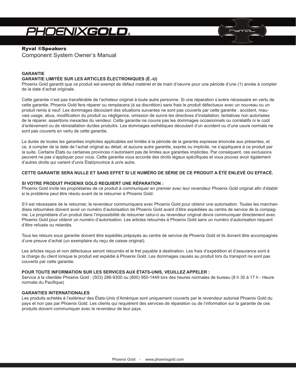 Component system owner’s manual | Phoenix Gold v65C User Manual | Page 8 / 8