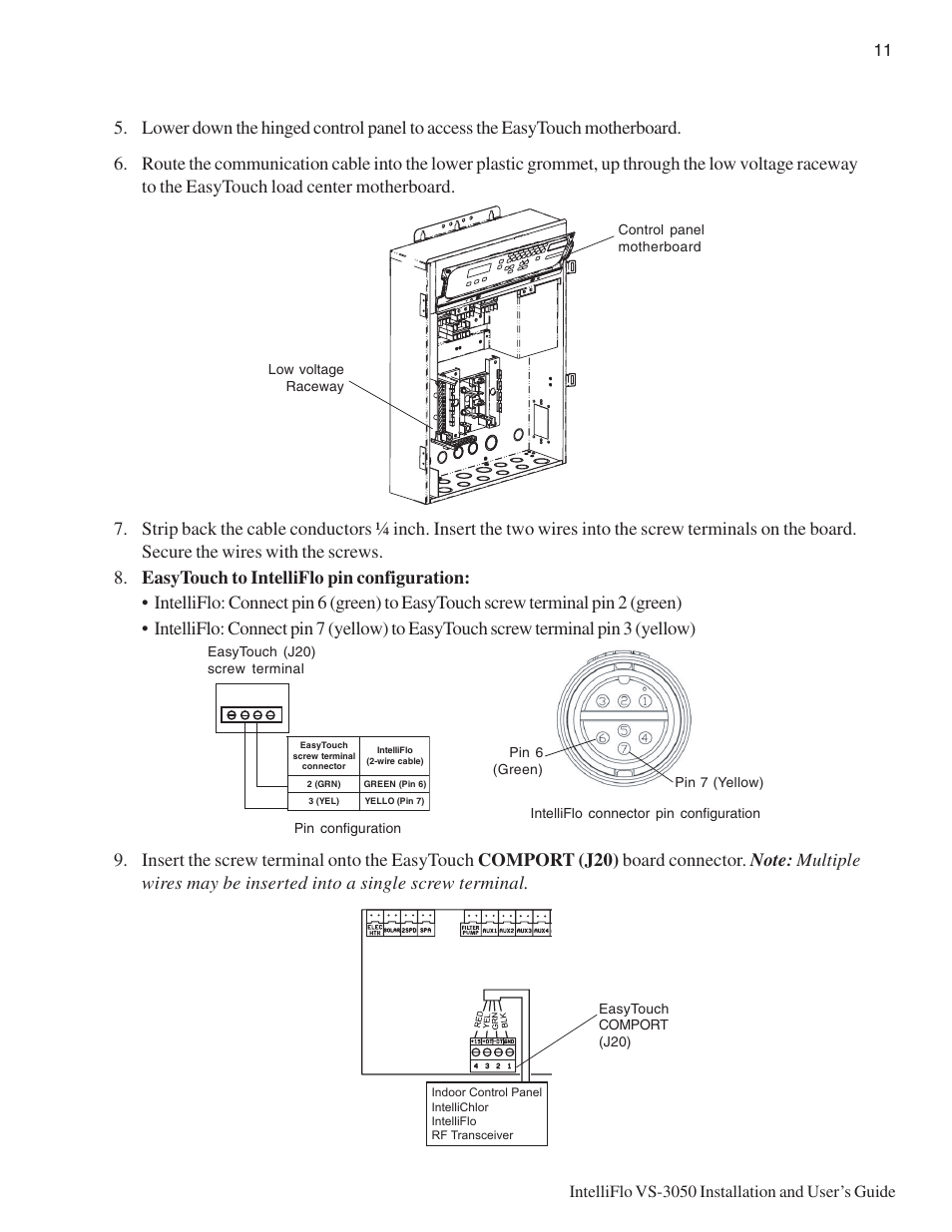 Pin configuration easytouch (j20) screw terminal, Low voltage raceway control panel motherboard | Pentair INTELLIFLO VS-3050 User Manual | Page 19 / 44