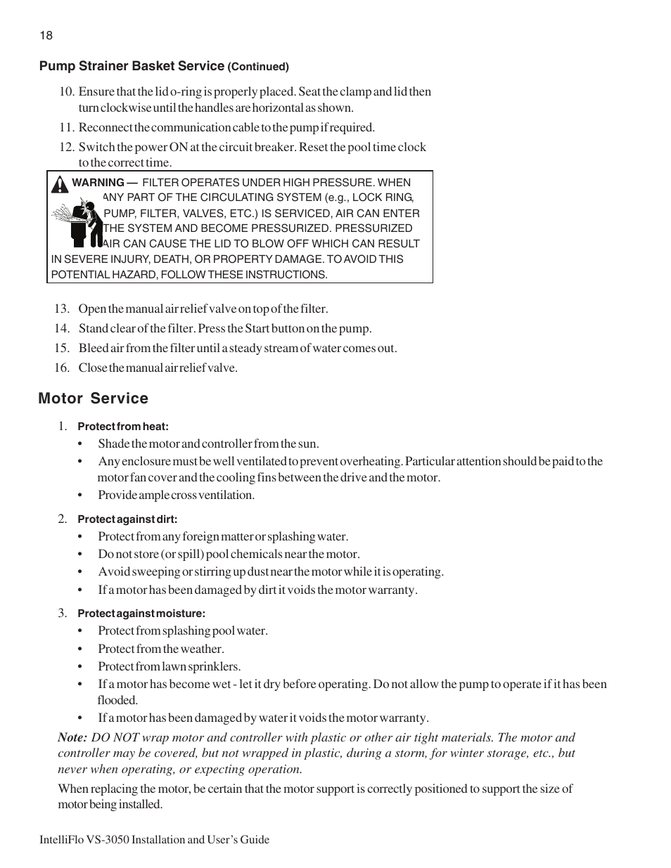 Motor service | Pentair INTELLIFLO VS-3050 User Manual | Page 26 / 44