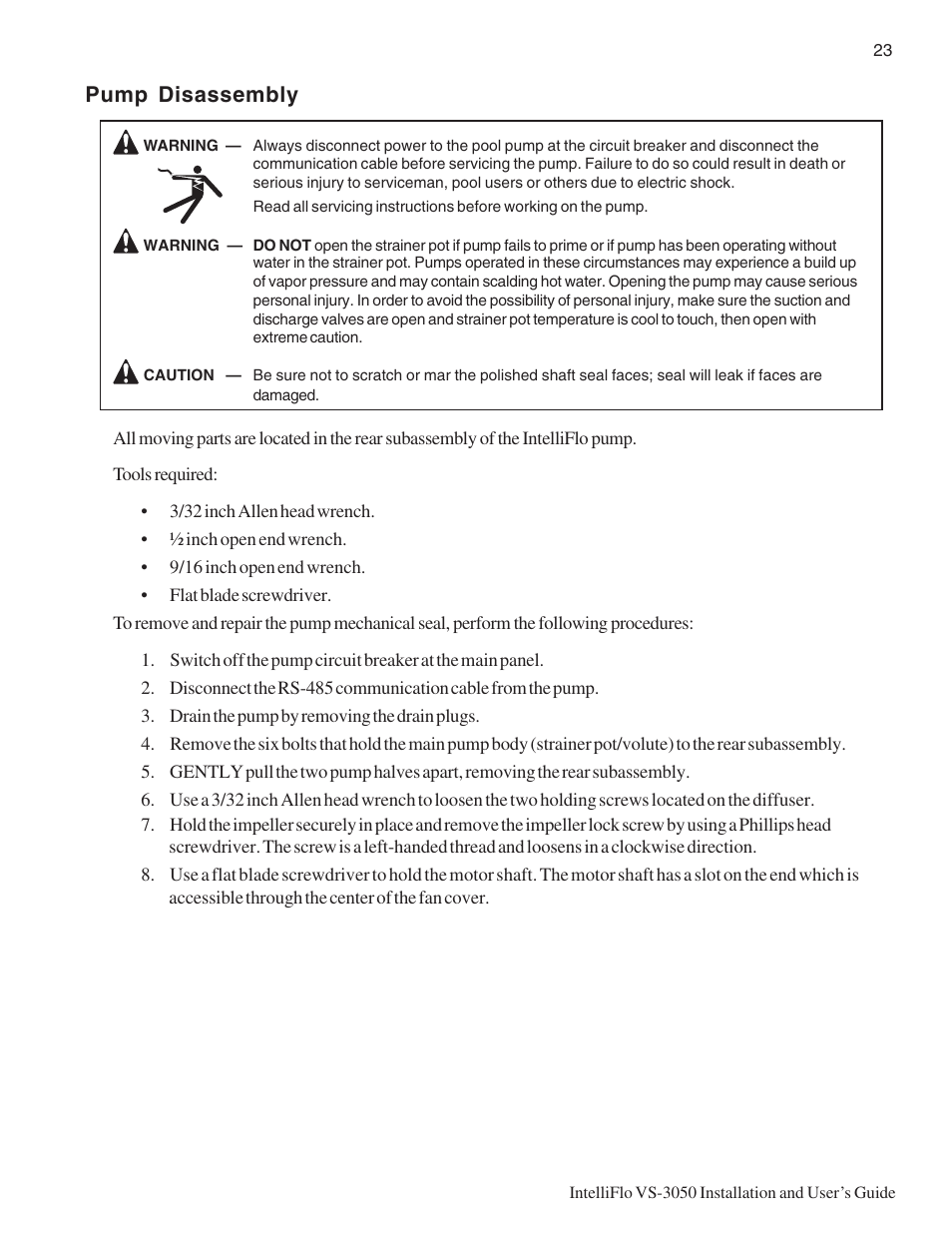 Pump disassembly | Pentair INTELLIFLO VS-3050 User Manual | Page 31 / 44